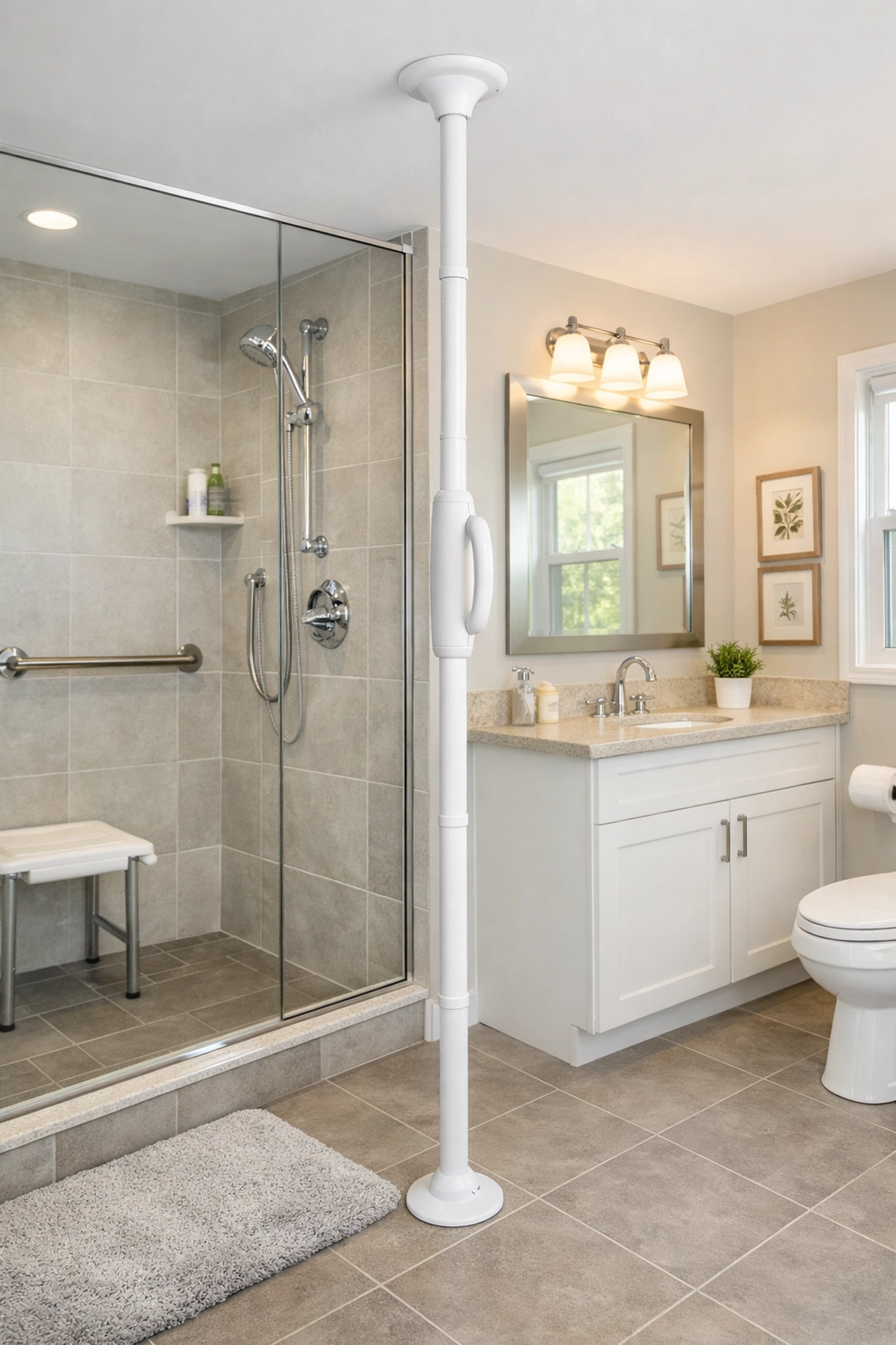 Sturdy floor-to-ceiling tension safety pole installed next to a walk-in shower.