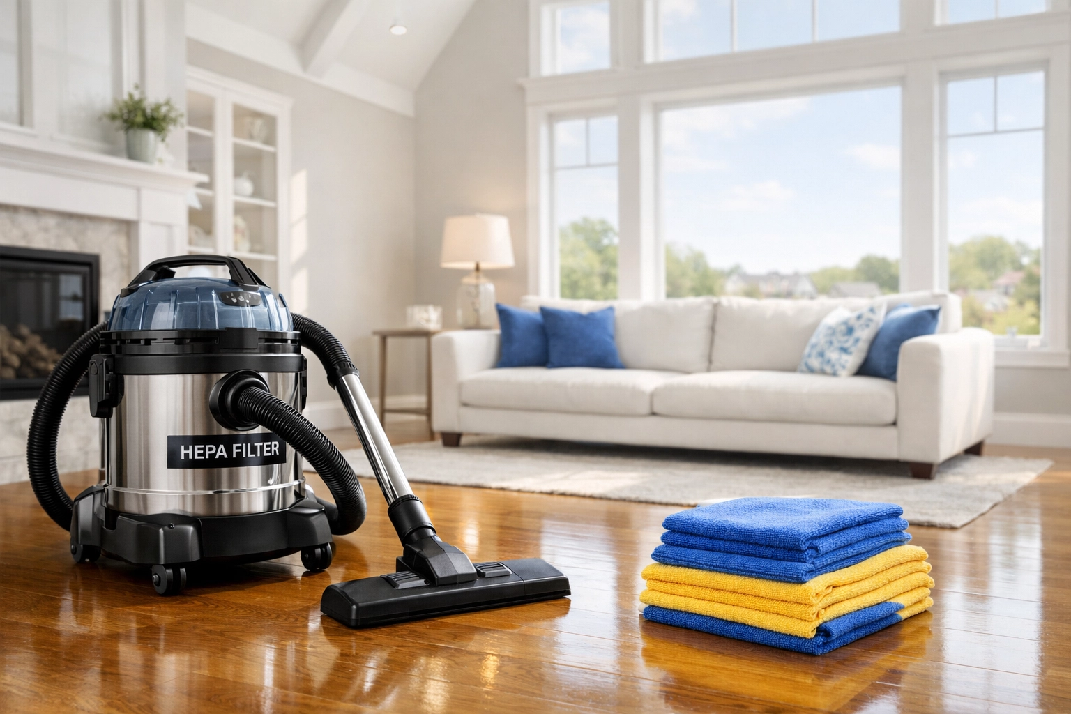 Professional post construction cleaning in Milford featuring high-end HEPA vacuums for a dust-free living room.