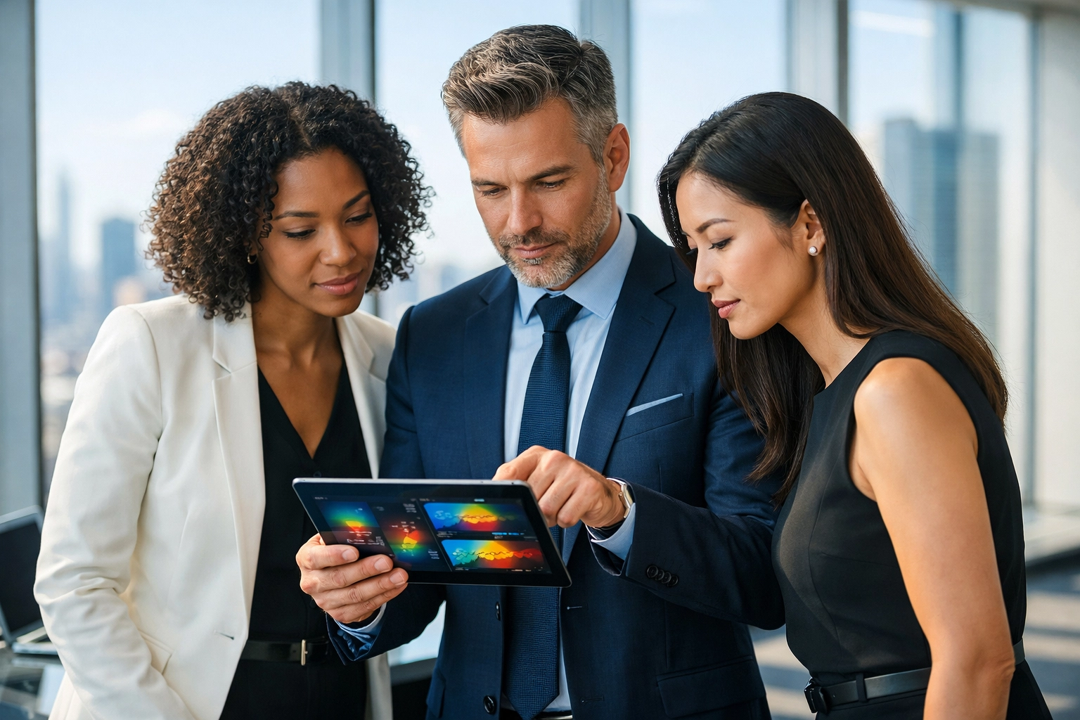 Professionals in a strategy room analyzing data for specialized consulting and tailored business solutions.