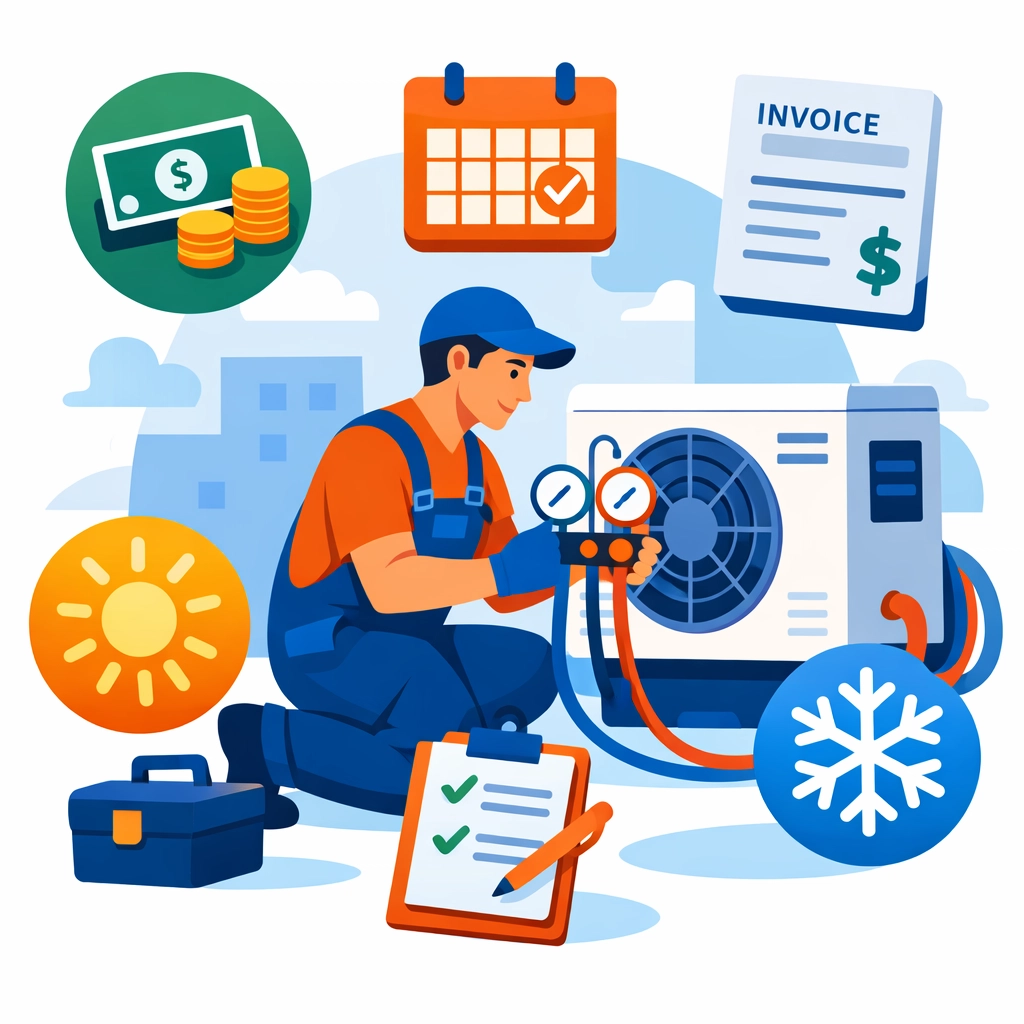 HVAC technician at work with floating financial management icons