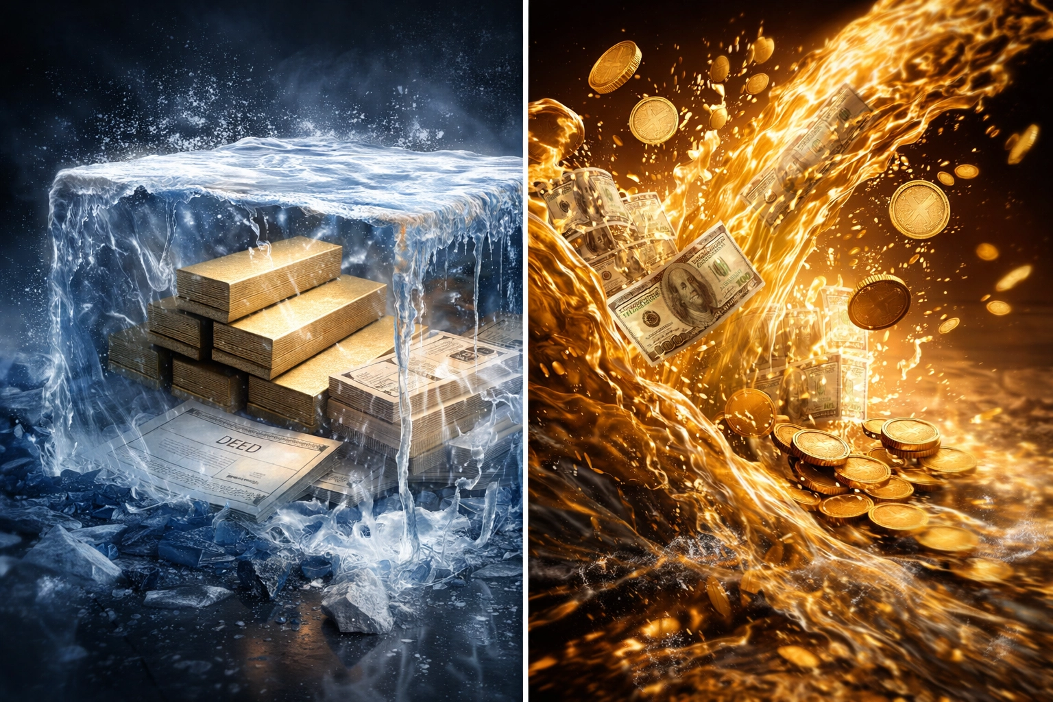 Comparison of frozen illiquid assets versus flowing liquid investments in a diversified portfolio