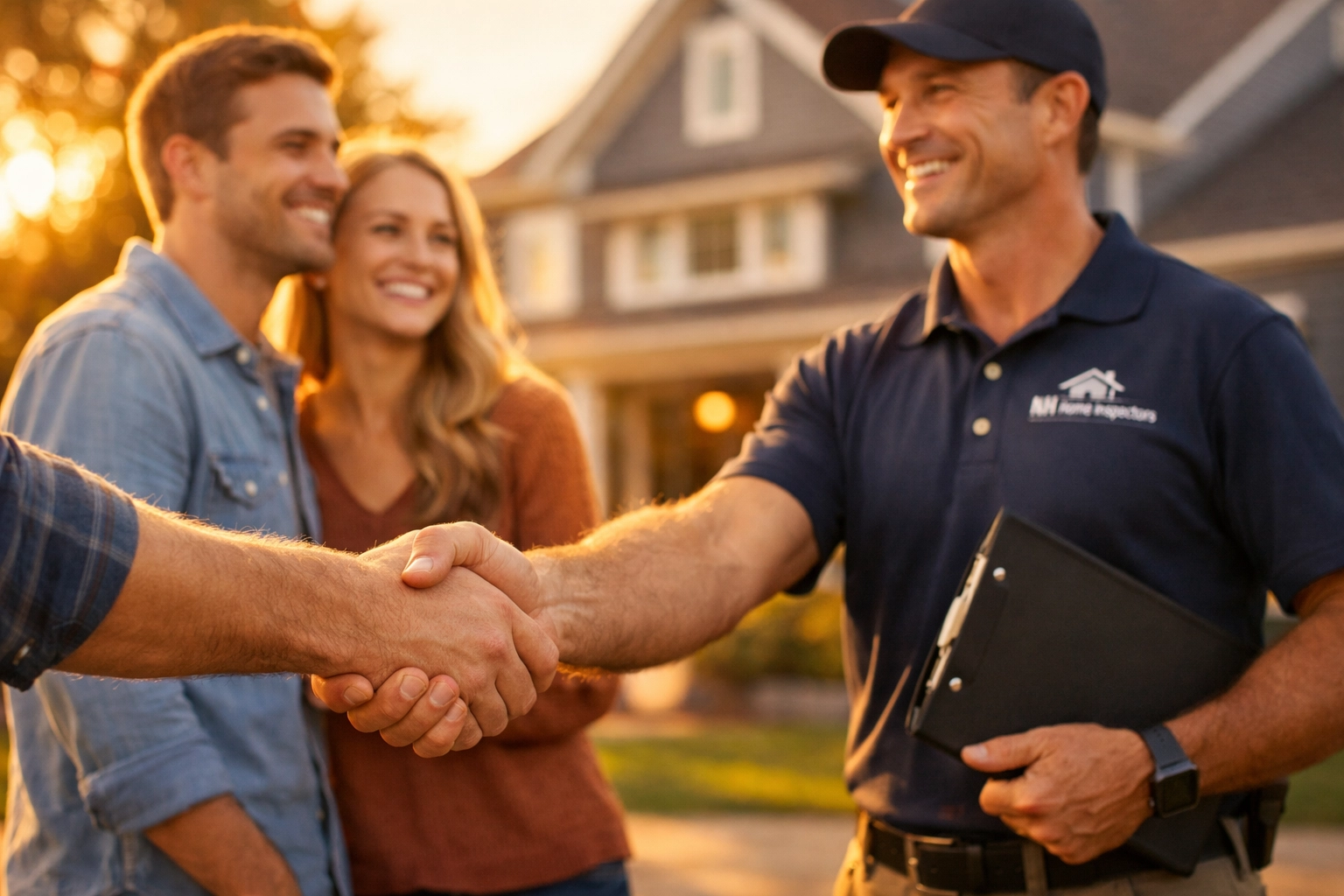 Professional home inspector NH shaking hands with happy homebuyers in front of their new property.