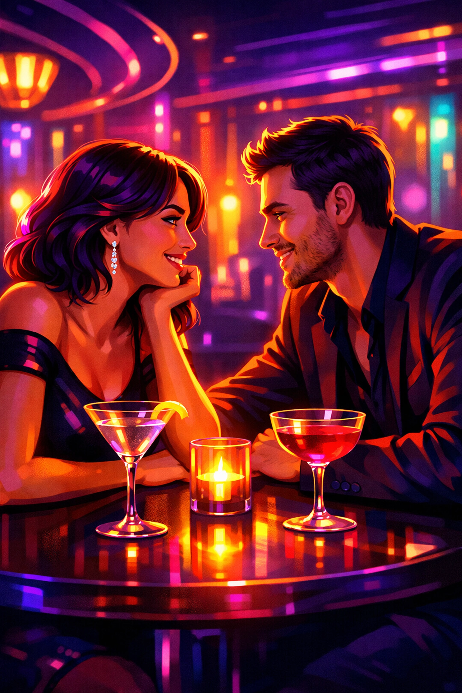 Couple having honest conversation about intimacy and connection at bar with open body language