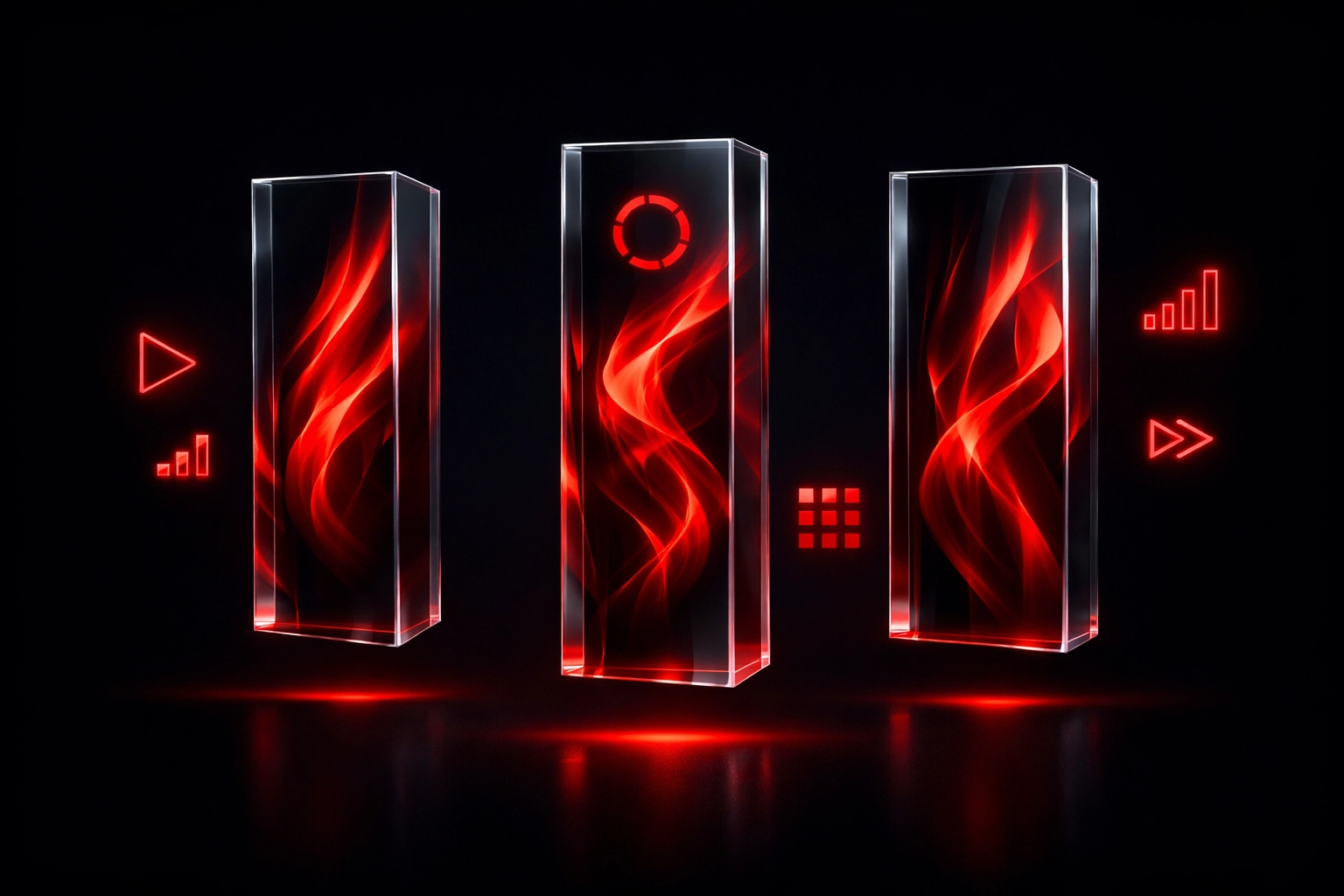 Sleek vertical pillars with play icons showing the impact of vertical video content on Google search fragments.