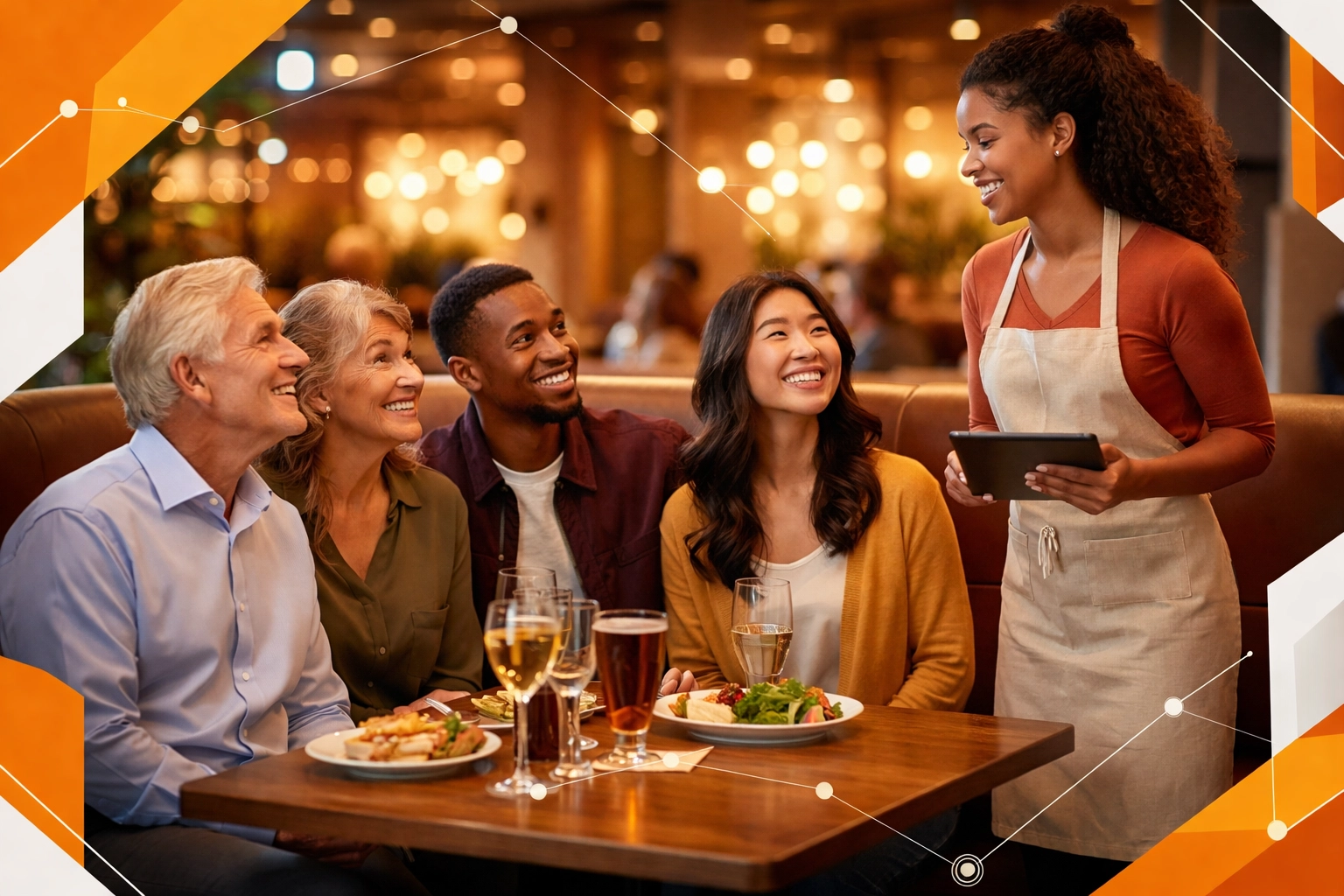 Smiling restaurant guests at a booth greeted by a server, emphasizing guest retention and hospitality