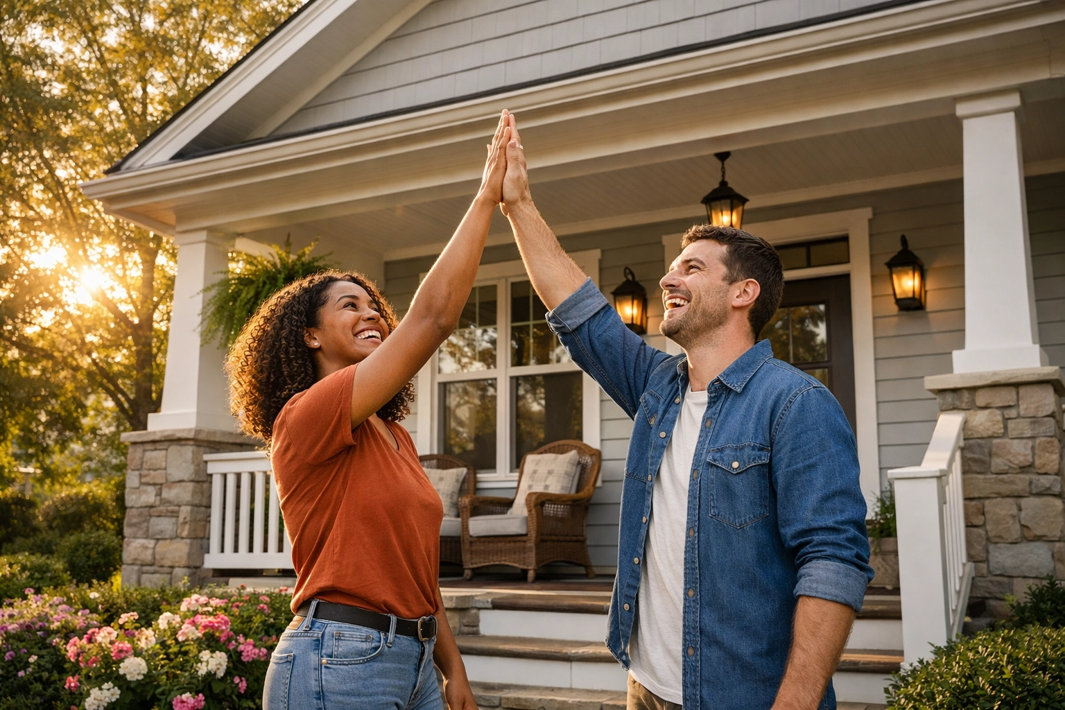 Young couple celebrating on the porch of their new Greensboro home, realizing the dream of homeownership.