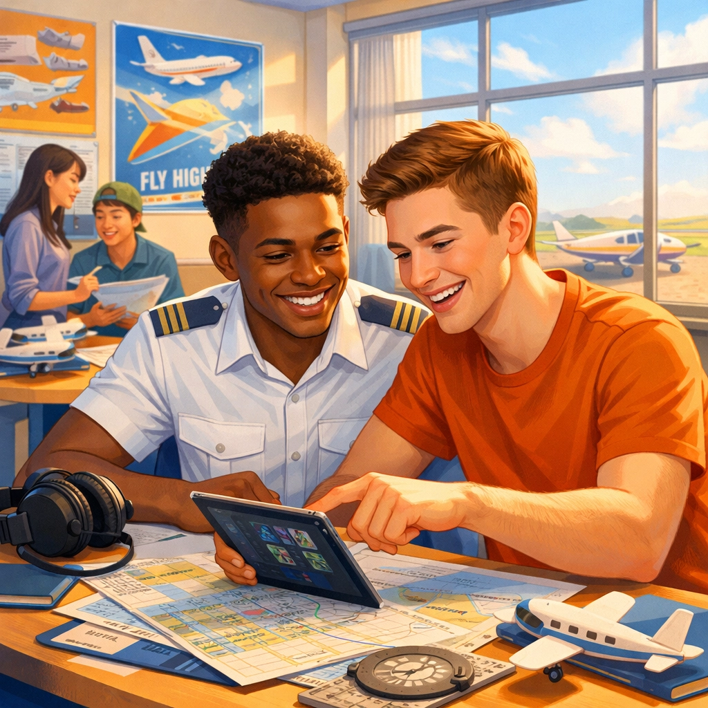 LGBTQ+ aviation students studying together in flight school classroom