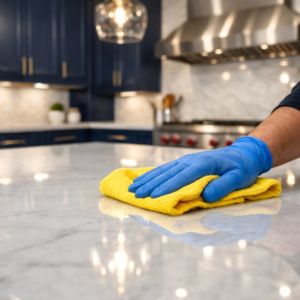 Polishing a marble kitchen island to a shine during a final phase of post construction cleaning in Milford.