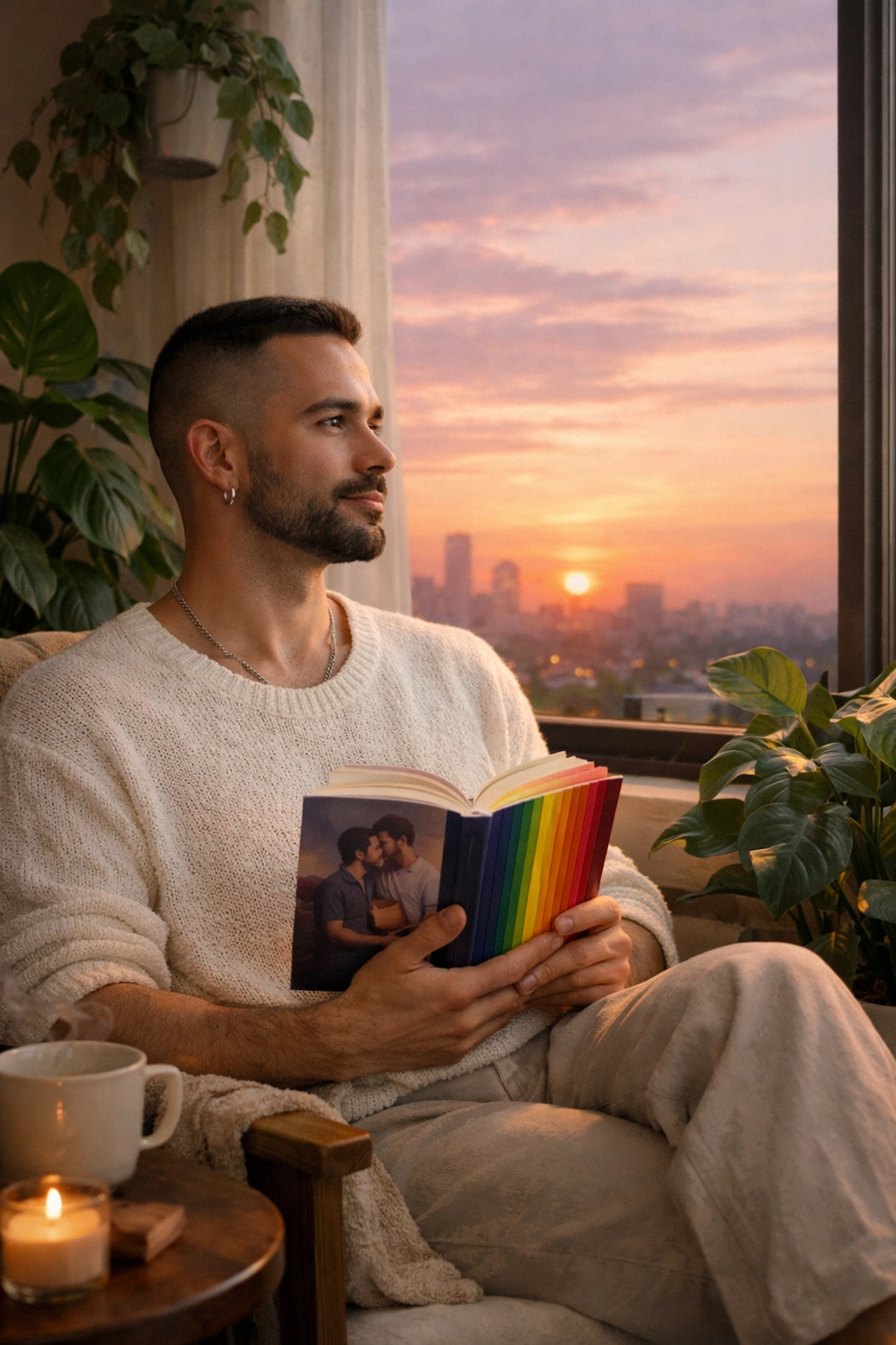A queer man reading an MM romance book while reflecting on personal growth and soft life milestones.
