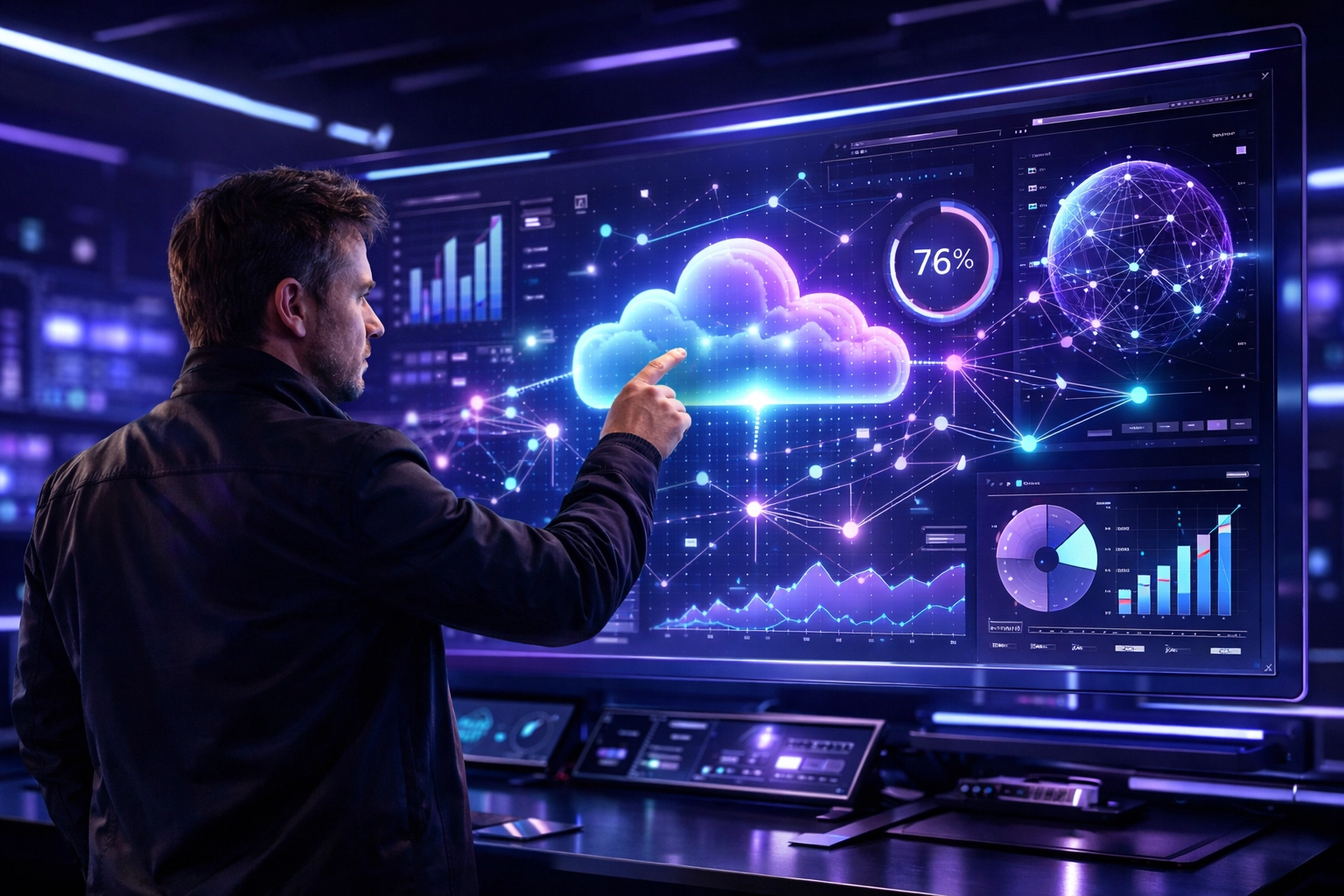 Creative Director reviewing real-time Gen Z engagement analytics on a futuristic holographic cloud dashboard.