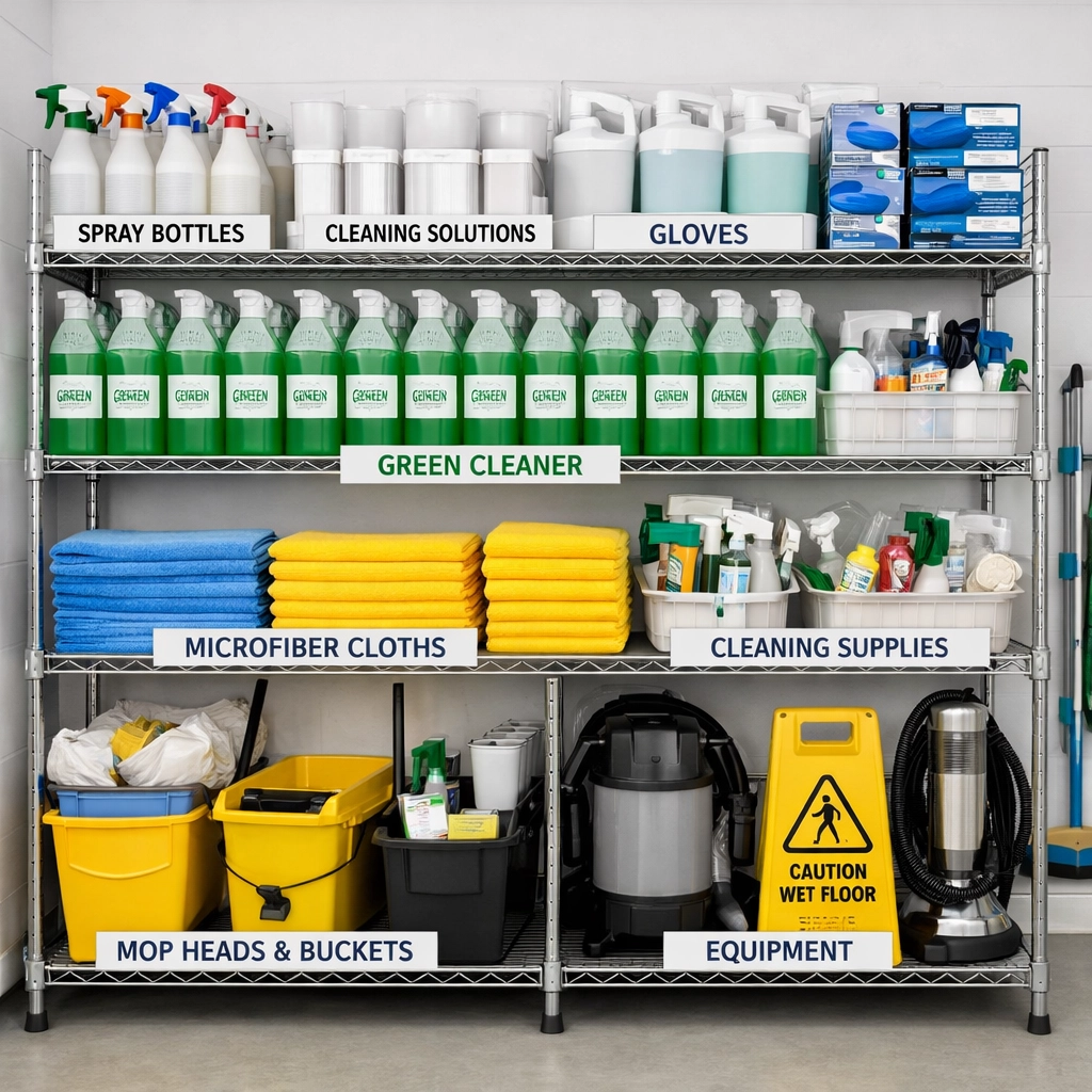 Organized commercial cleaning supplies and eco-friendly products for office janitorial services