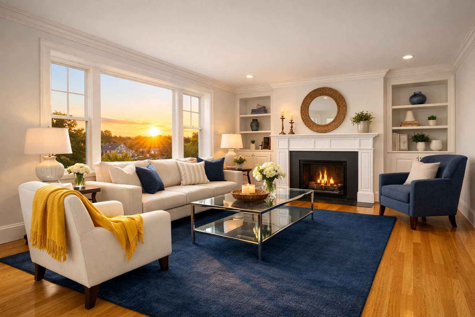 A sunlit living room showing results of expert house cleaning Lowell MA in a Belvidere home.
