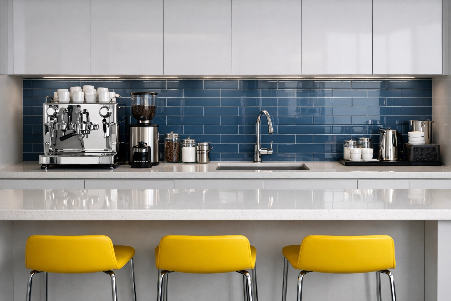 Spotless luxury office kitchenette with polished chrome fixtures and sparkling countertops.