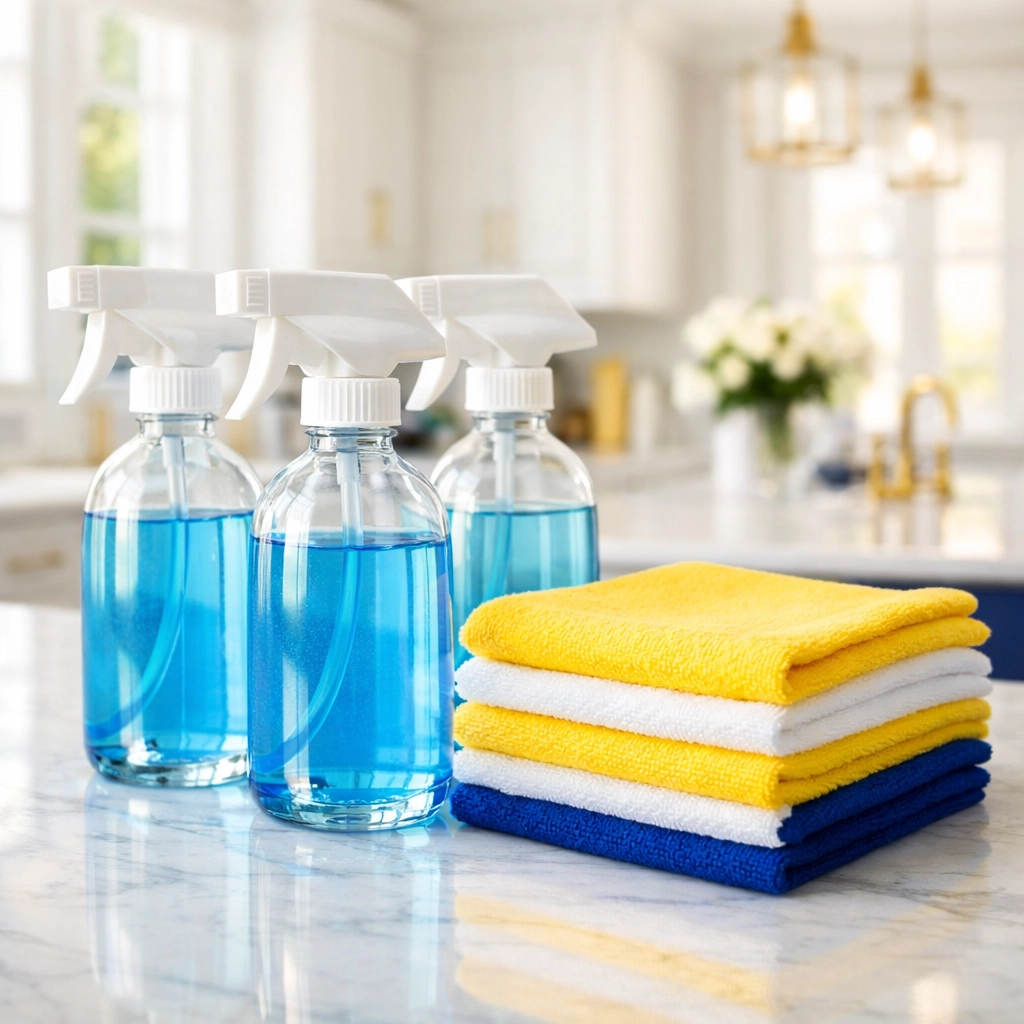 Eco-friendly cleaning supplies and microfiber cloths on a marble kitchen counter in Harvard.