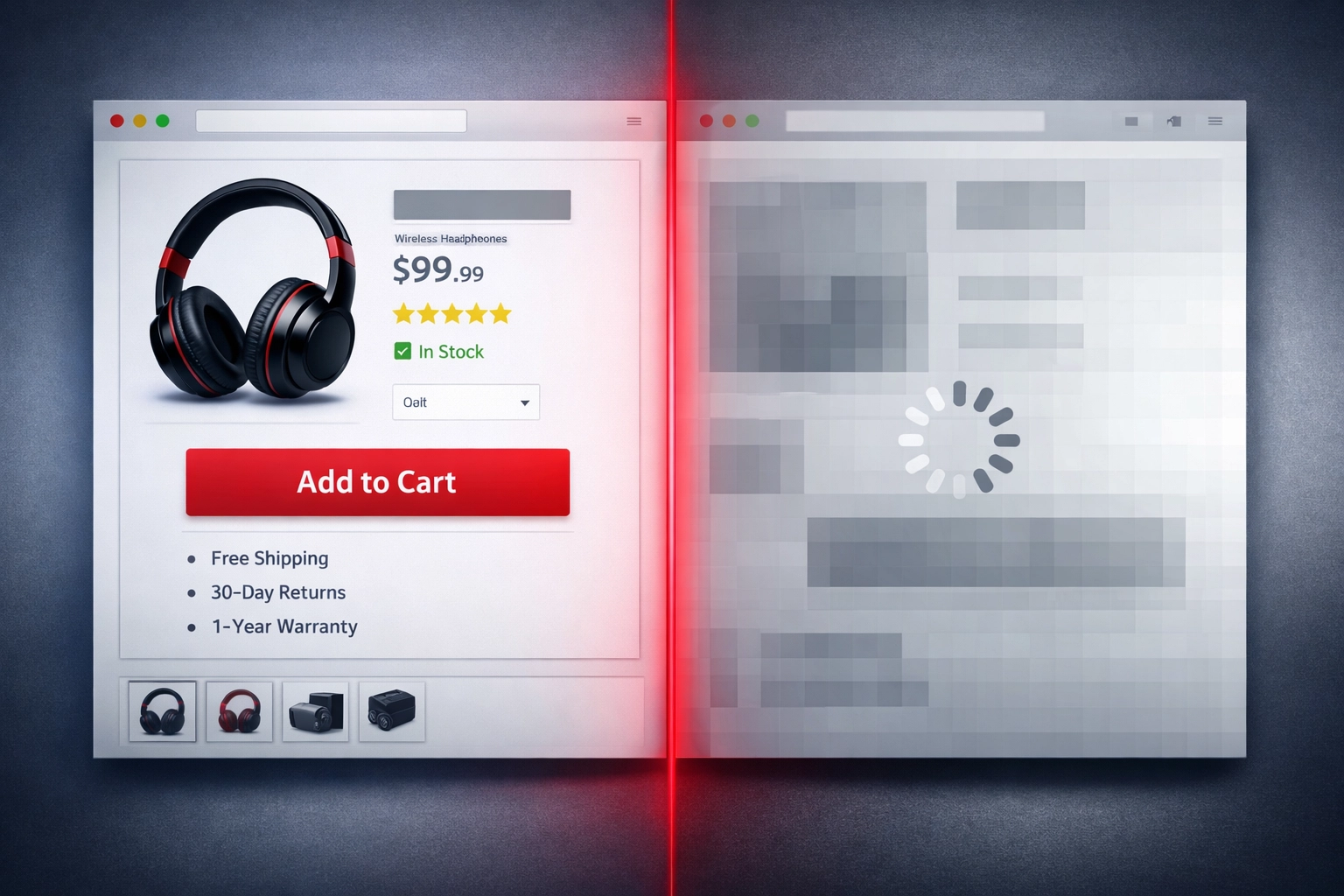 Fast vs slow website loading comparison showing conversion impact