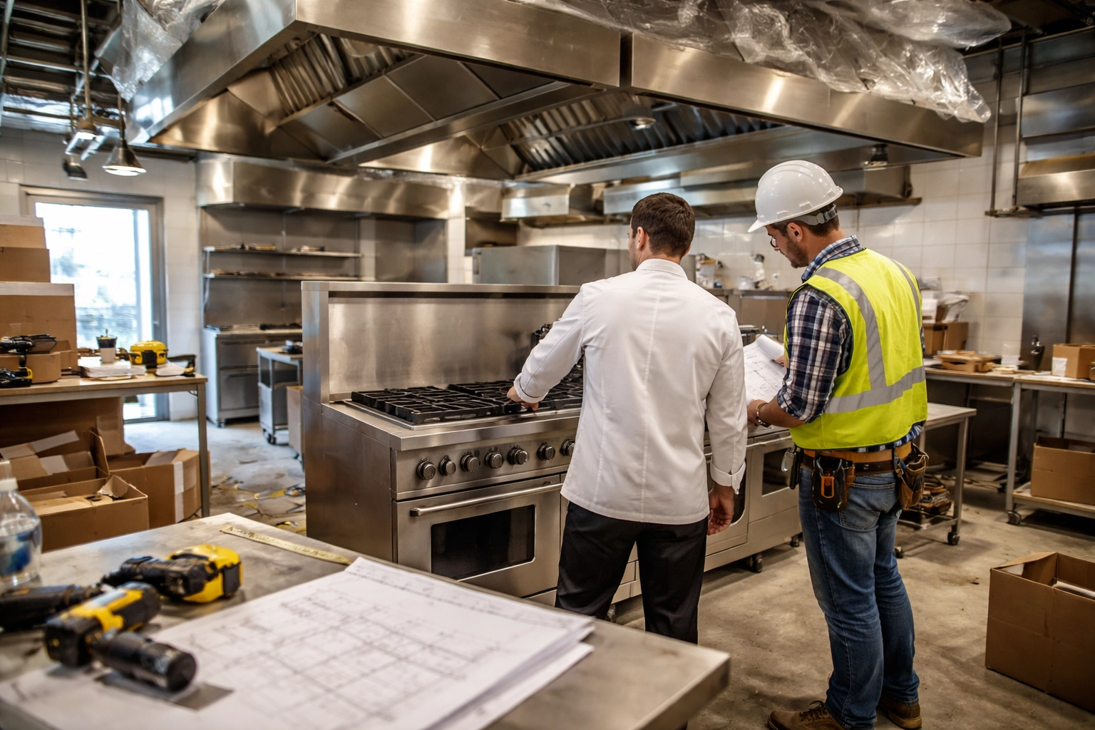 Chef and contractor reviewing equipment in a new commercial kitchen during restaurant construction phase