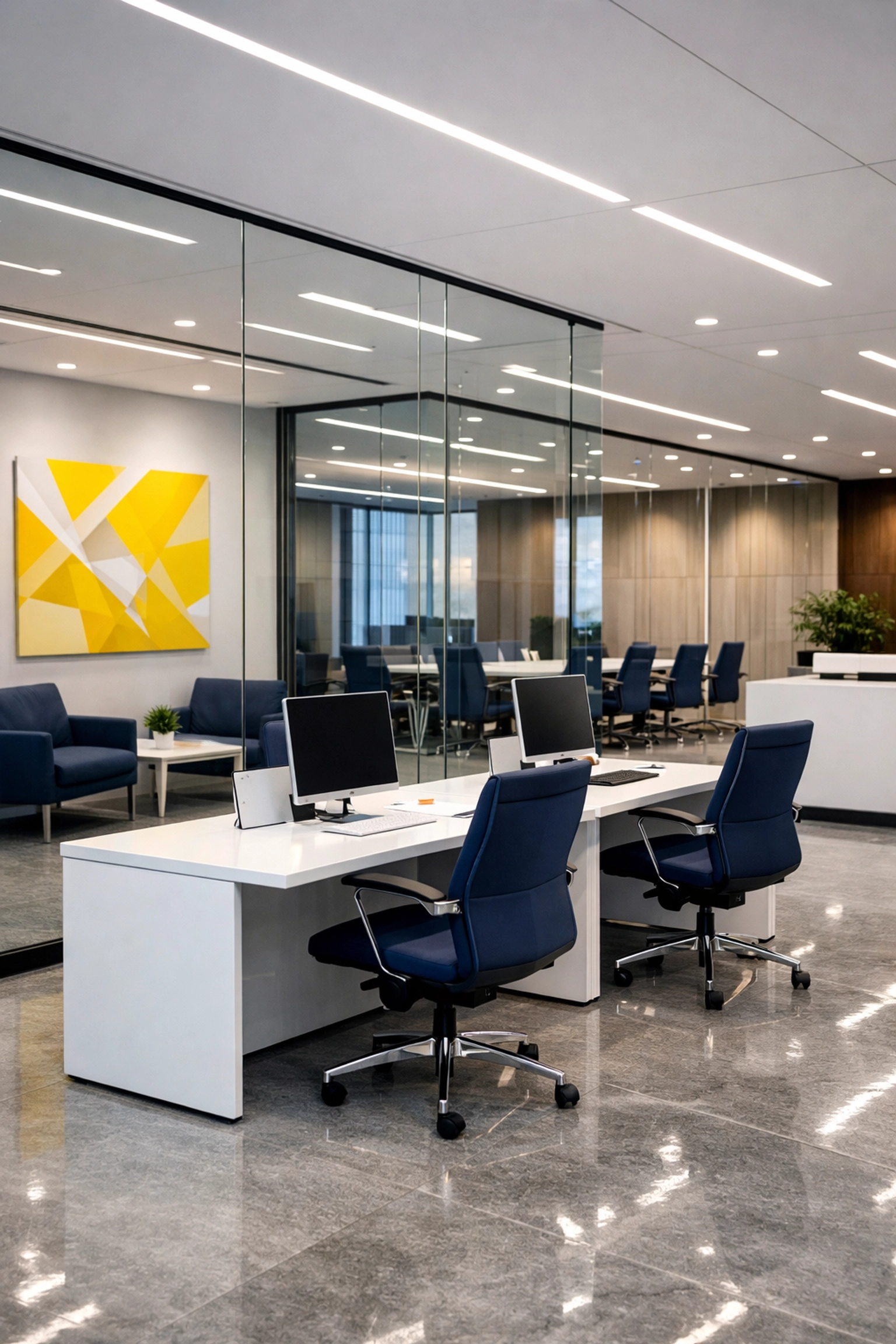 Immaculate modern office lobby in the 128 cluster from professional commercial cleaning services in Massachusetts.