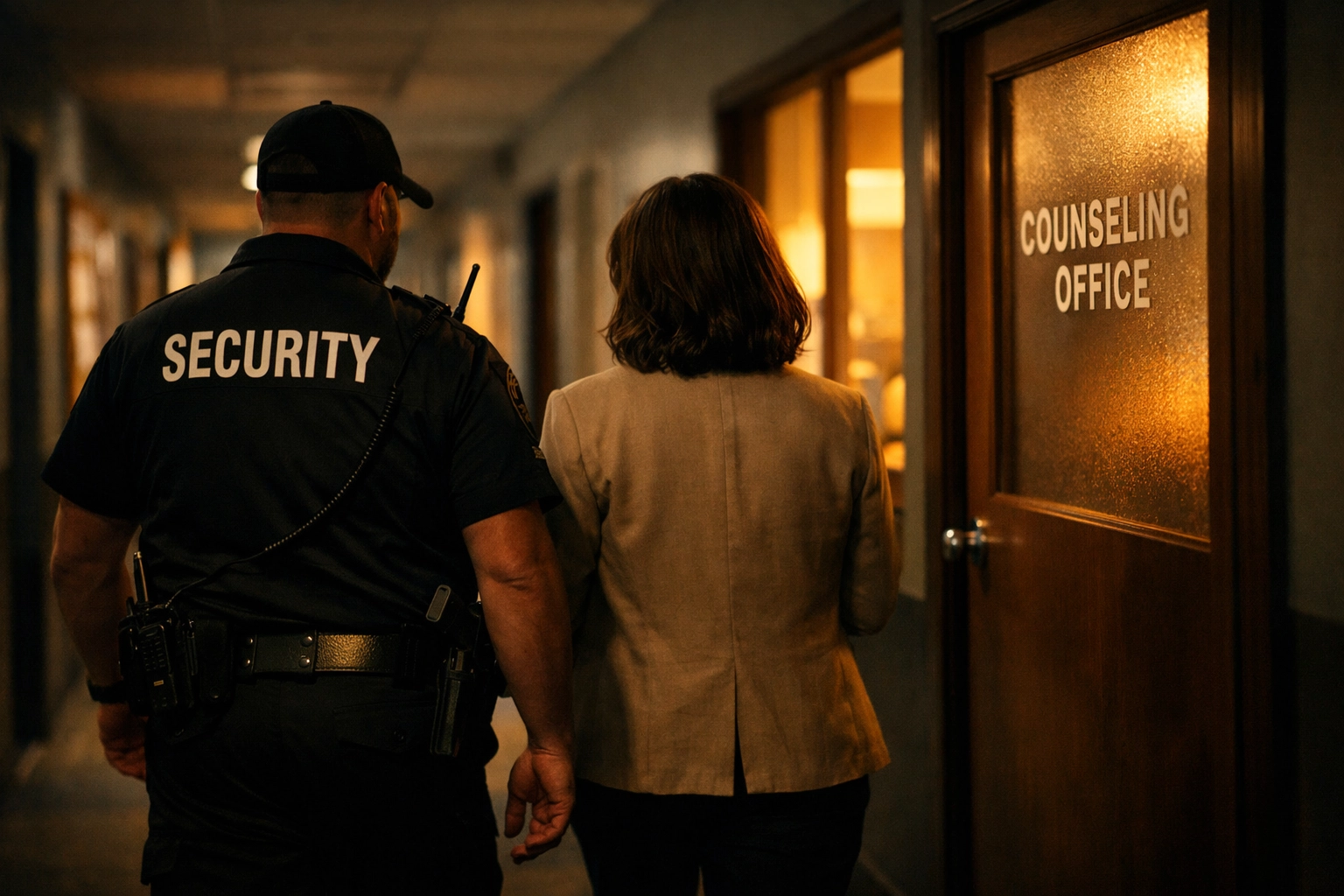 School security officer partnering with counselor to ensure student safety in campus hallway