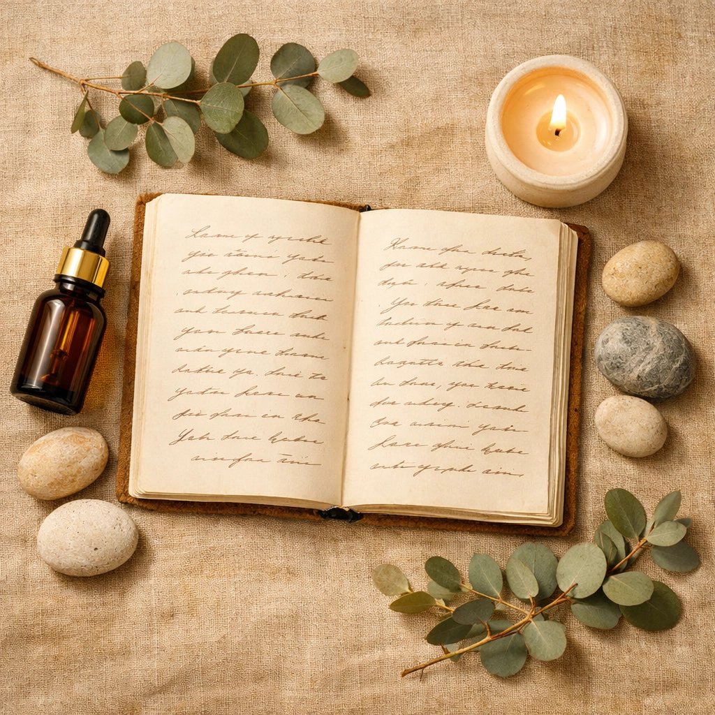 Self care journal with essential oils and candle for mindfulness practice