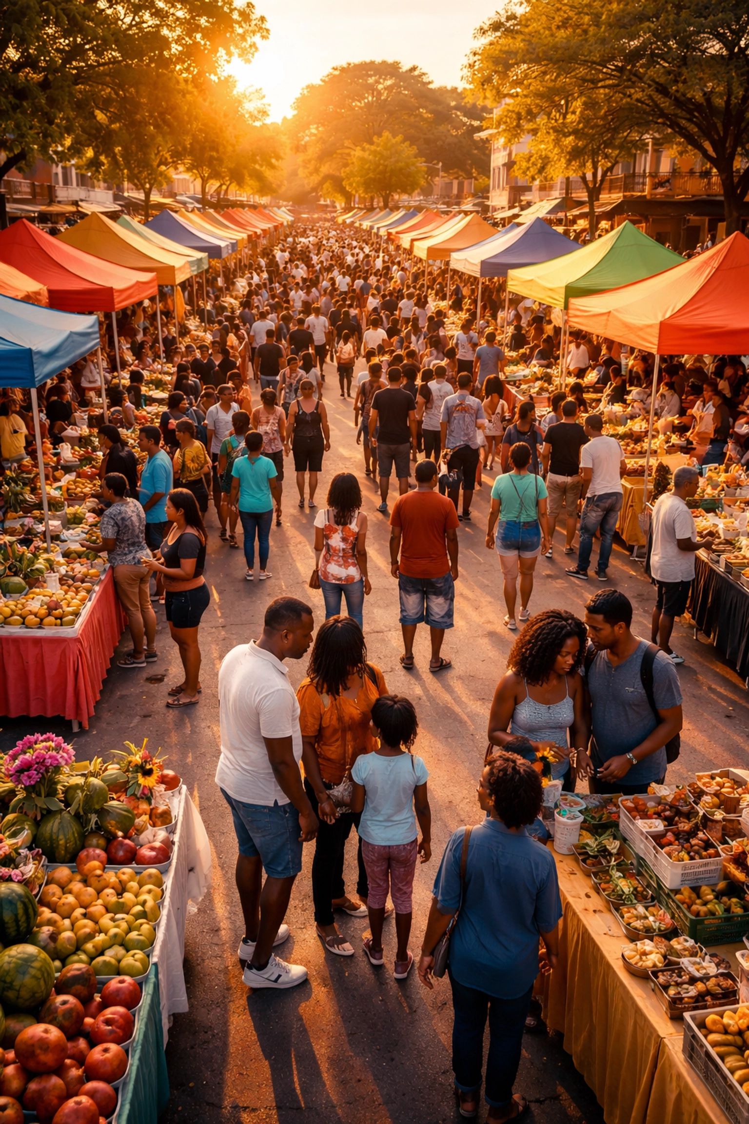 Aerial view of a lively Black community marketplace, showing economic unity and the vibrant spirit of Black Wall Street.