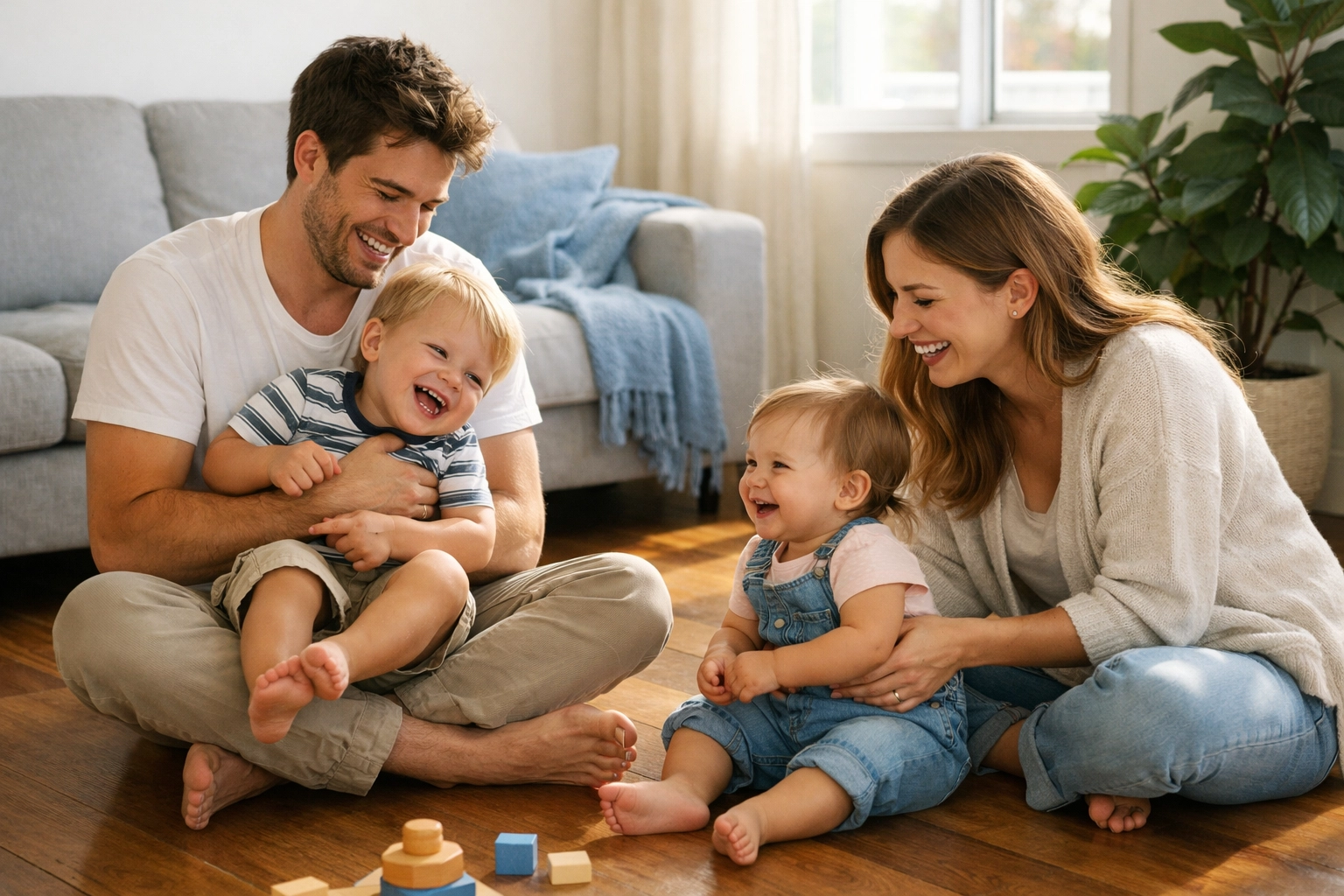 Happy family in a bright living room symbolizing security and term life insurance protection for their home.