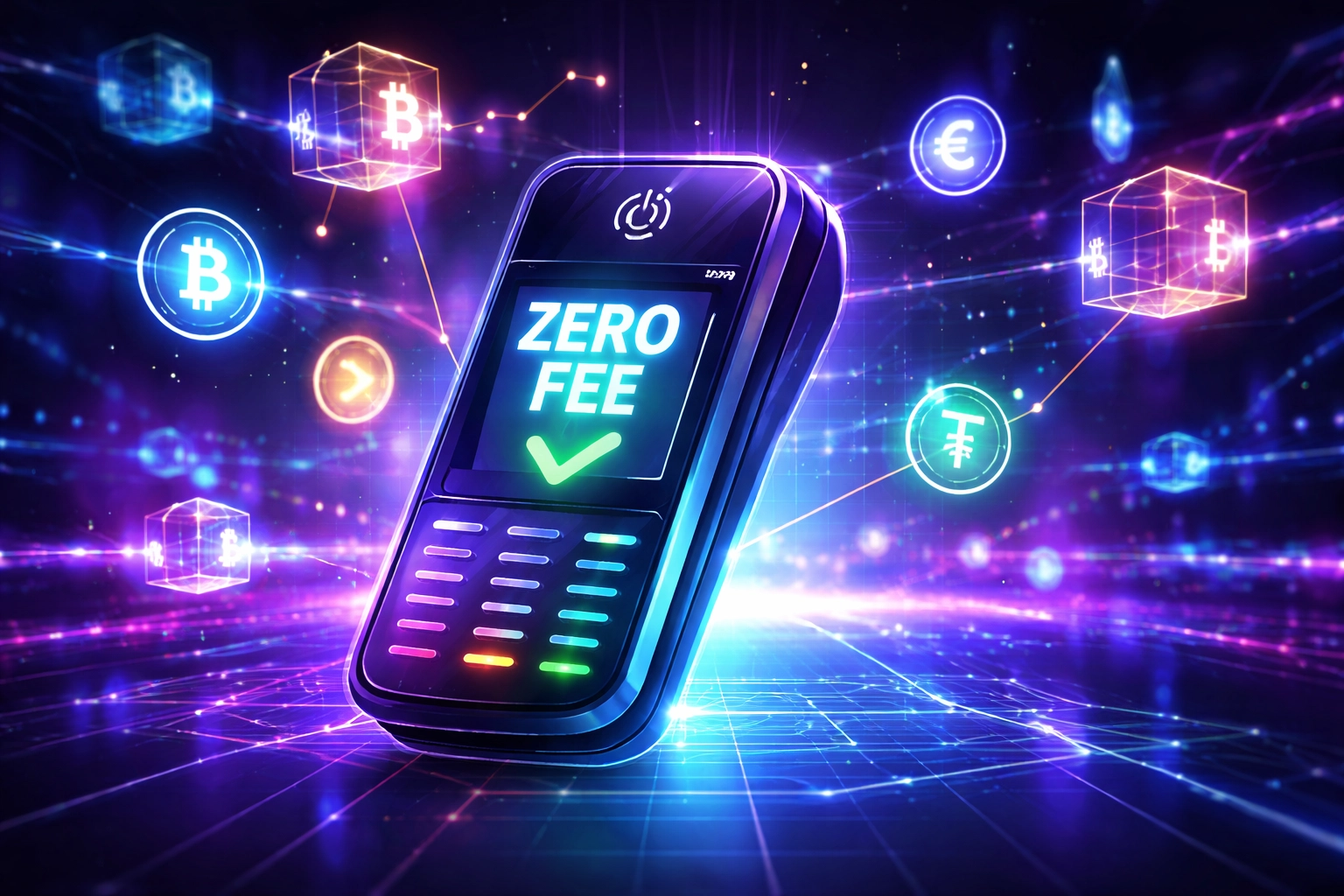 Digital crypto payment terminal surrounded by holographic blockchain symbols, illustrating fee savings in metaverse commerce.
