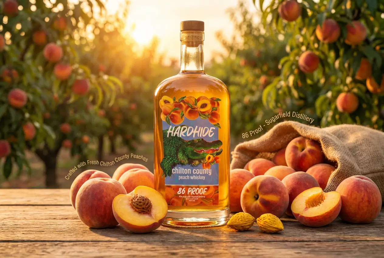 Hardhide Chilton County Peach Whiskey on a rustic wooden table surrounded by fresh peaches