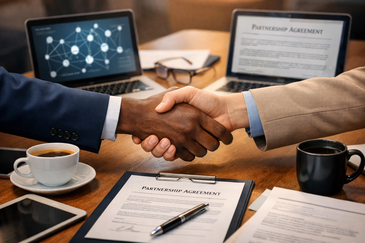 Business handshake representing affiliate partnership recruitment and collaboration