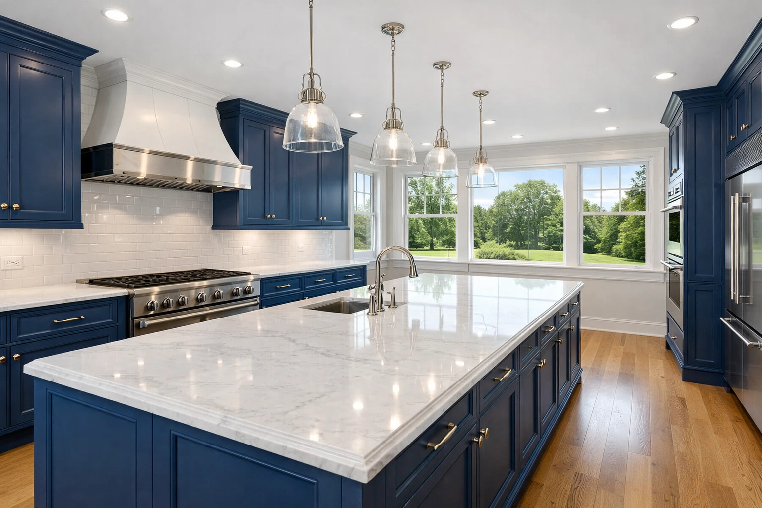 Luxury Wenham kitchen featuring a meticulous deep cleaning with spotless marble counters and blue cabinets.