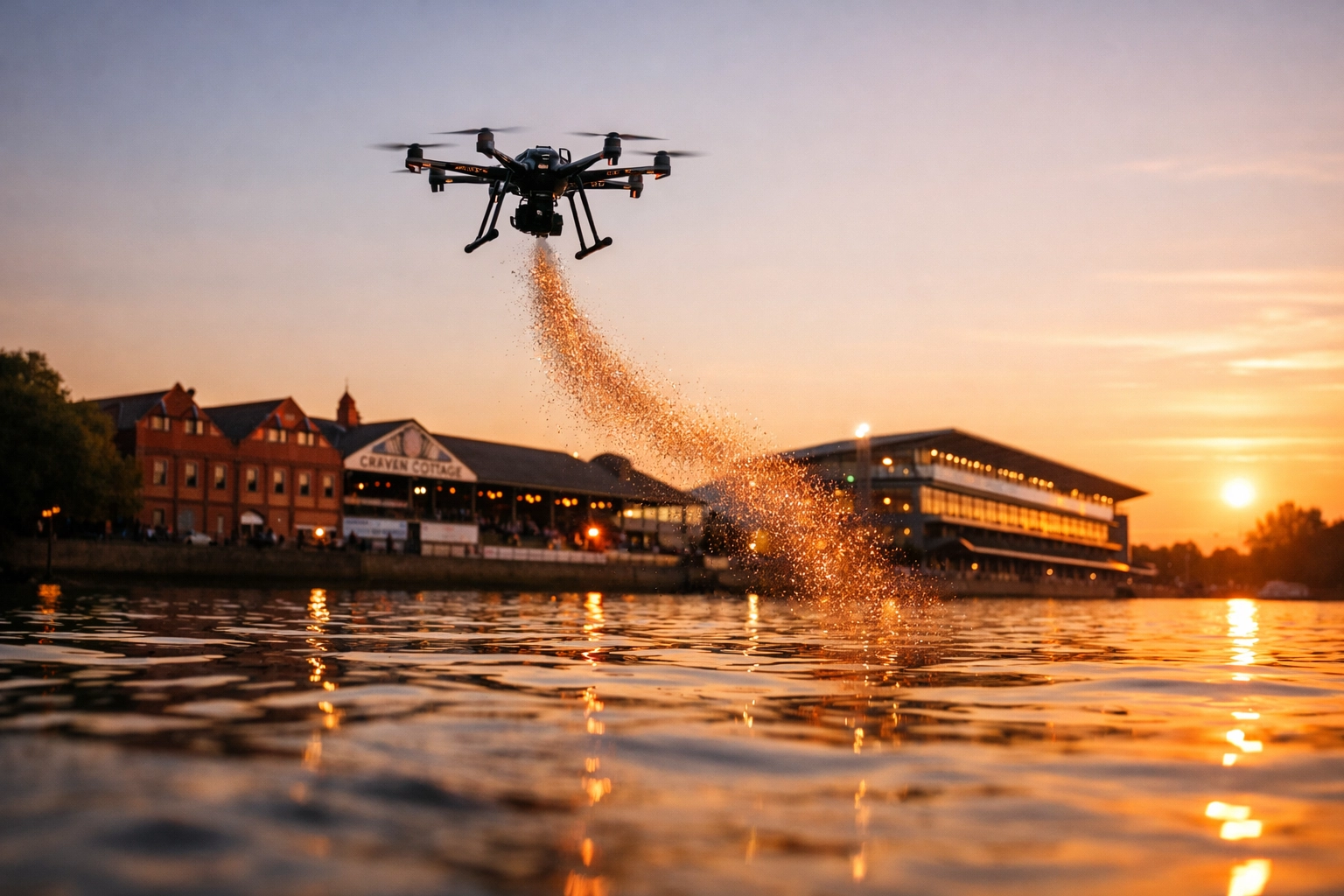 A dignified drone ash scattering ceremony over the River Thames overlooking Fulham's Craven Cottage.