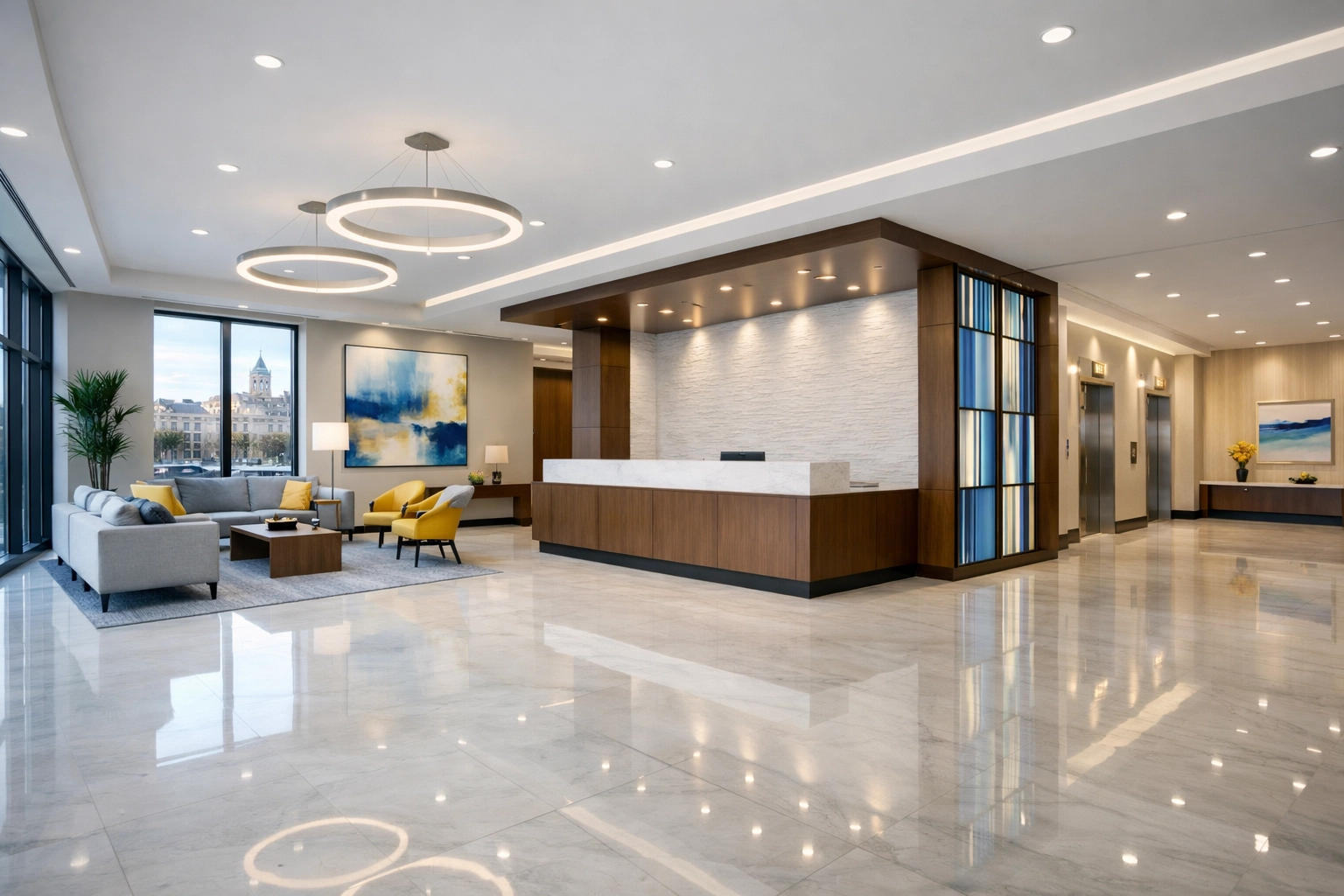 Pristine modern office lobby in Worcester maintained by data-driven janitorial care.