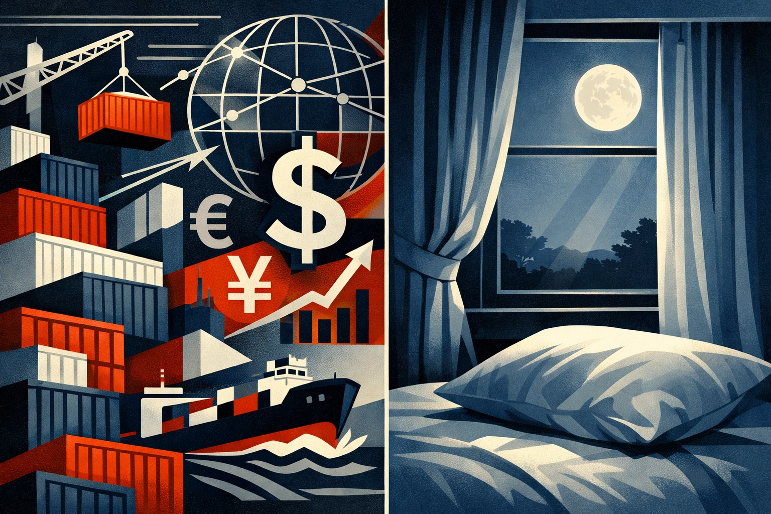 Split view contrasting busy world events with peaceful bedroom rest and sleep