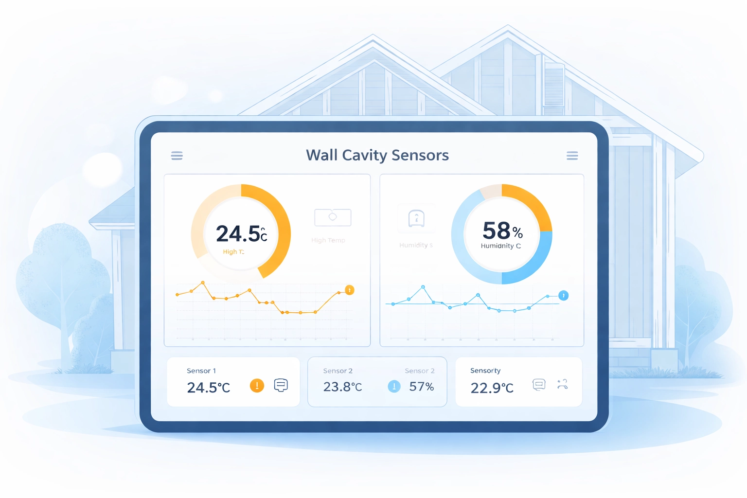 Smart home dashboard monitoring wall cavity temperature and humidity, showcasing advanced timber frame insulation technology.