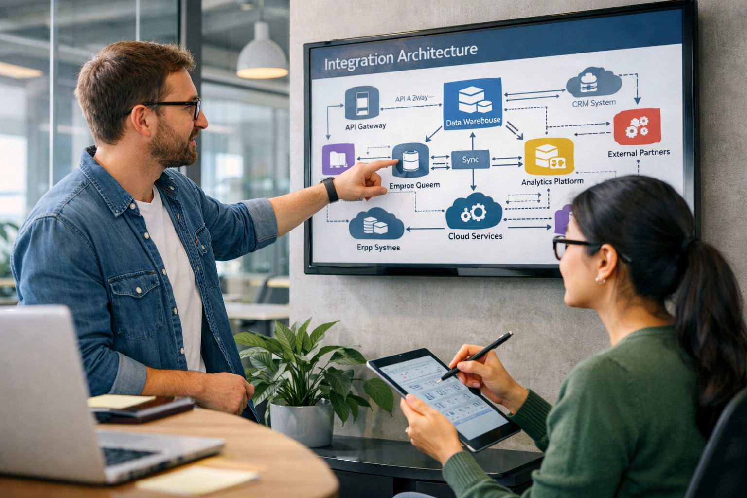 IT consultants collaborating on ServiceNow integration architecture and workflow design