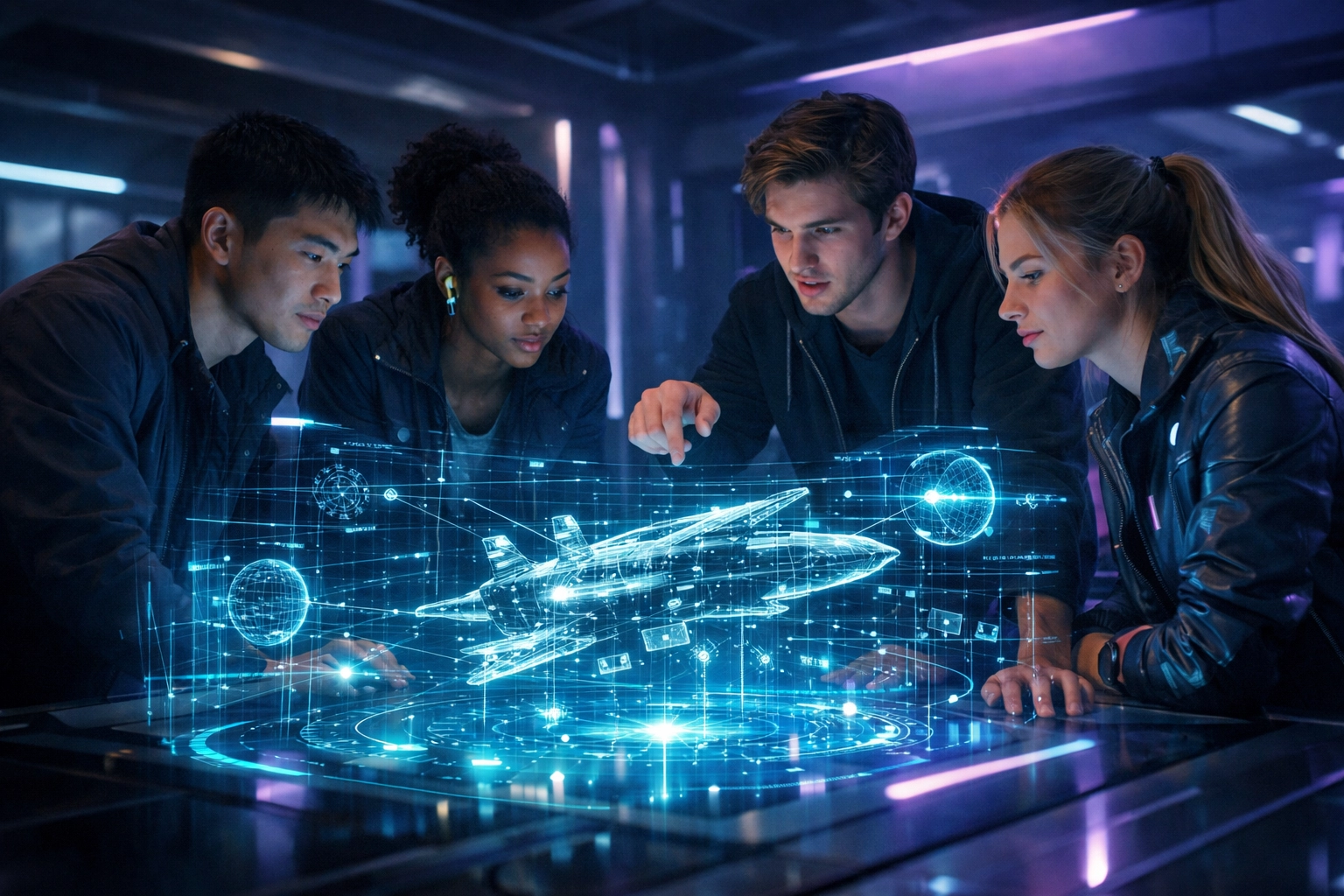 Students collaborating on futuristic aerospace simulations in the EsportsPod career-readiness talent funnel.