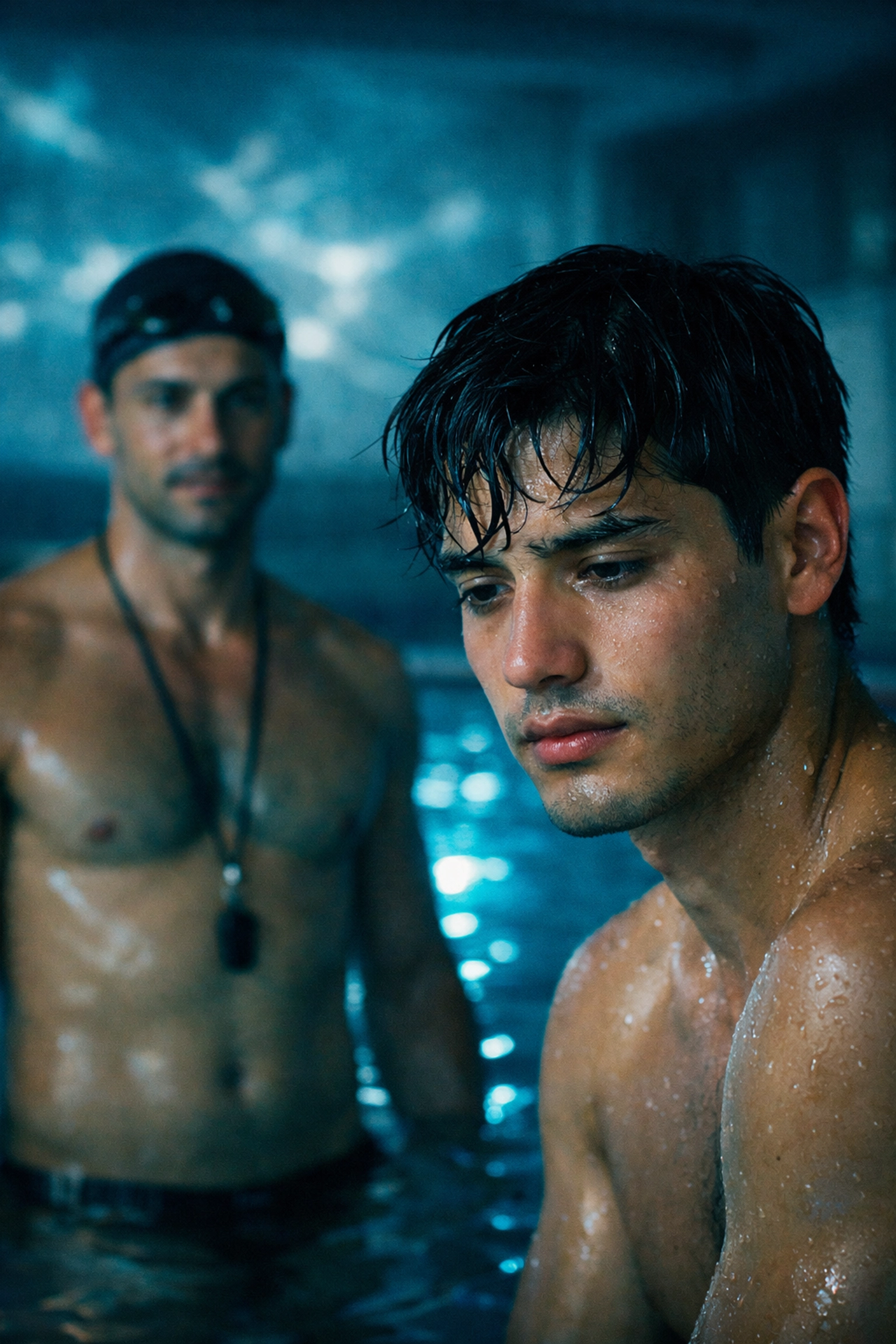 Two male swimmers share intimate moment at pool facility in Puerto Vallarta gay romance