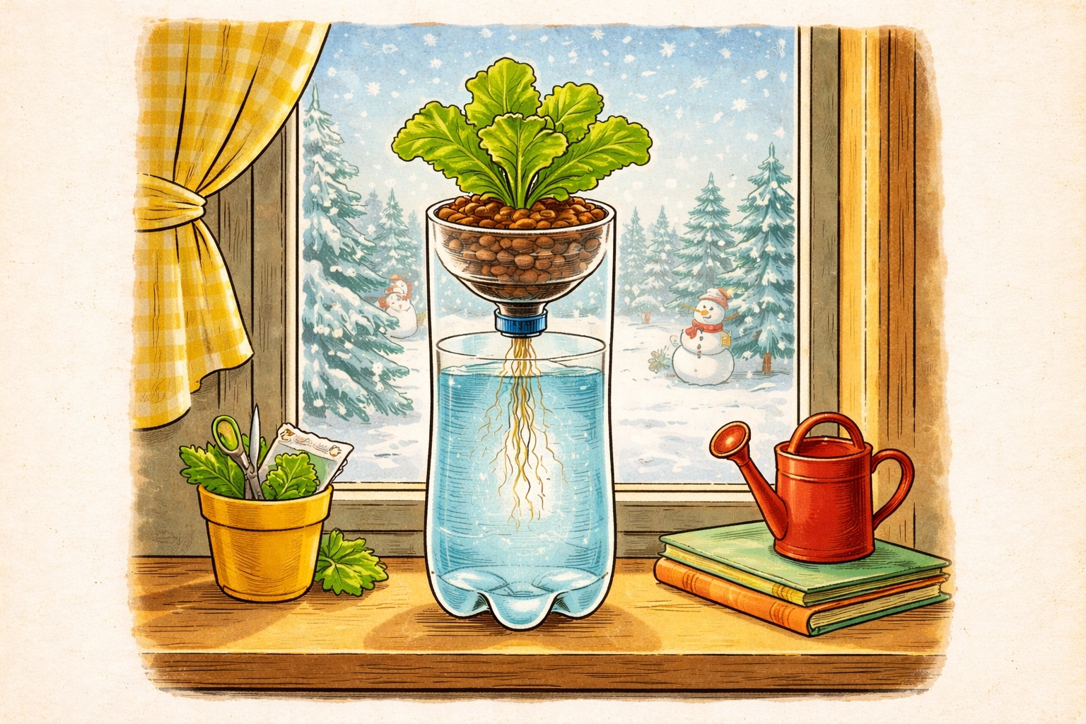 A simple 2-liter bottle hydroponic setup on a windowsill, illustrated in a flat 1950s storybook style with a snowy window outside.
