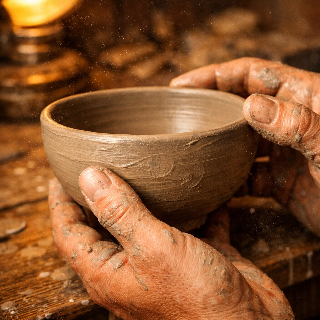 Close-up of artisan hands shaping a clay bowl, representing the human craft movement in home decor.