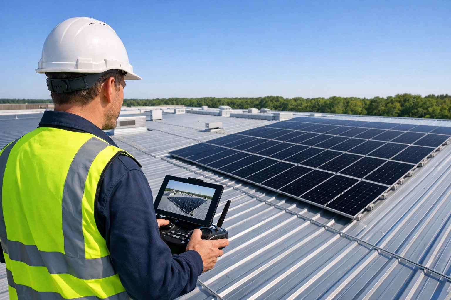 Professional drone survey for business solar power system design on a commercial warehouse roof.