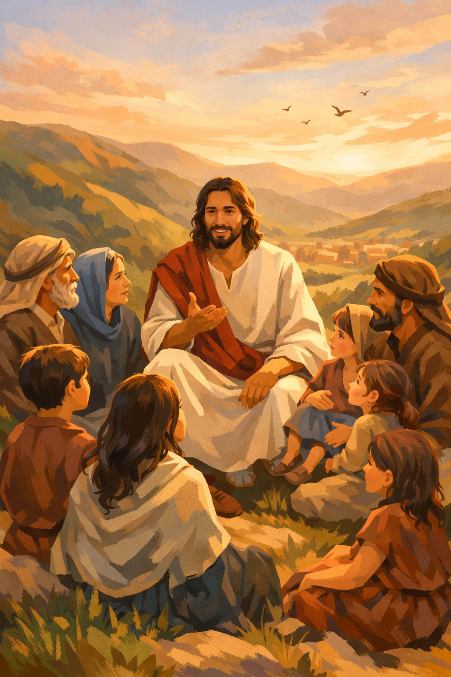 Jesus teaching and comforting followers on hillside demonstrating biblical compassion