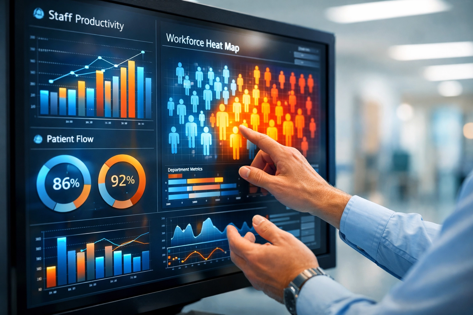 Healthcare administrator using data analytics to forecast staffing needs and improve workforce flexibility.
