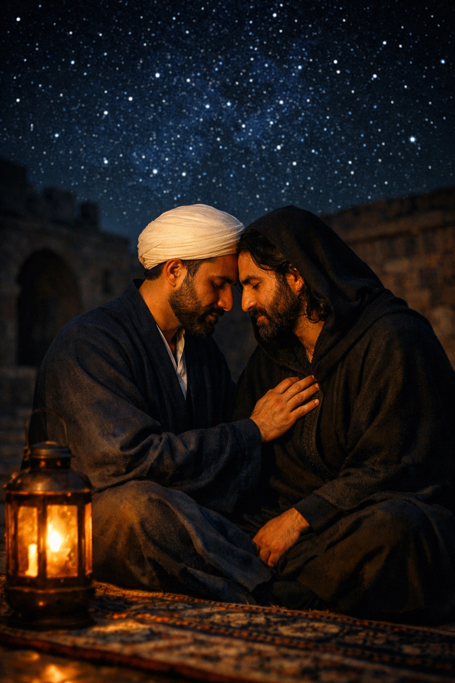 Two men sharing an intimate spiritual moment, illustrating the historical homoerotic bond of Rumi and Shams.