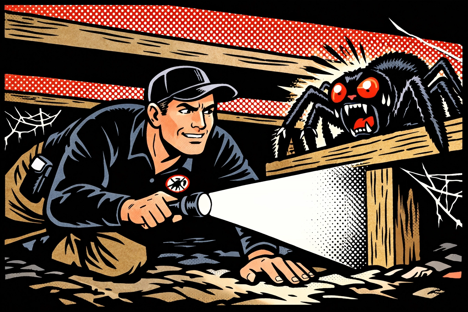 Expert pest control in Winston County inspecting a crawlspace to eliminate spiders and insects.