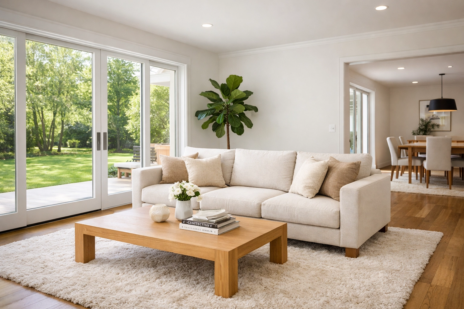 Bright, airy living room with professional staging and neutral decor used by a realtor Clarks Summit PA to attract buyers.