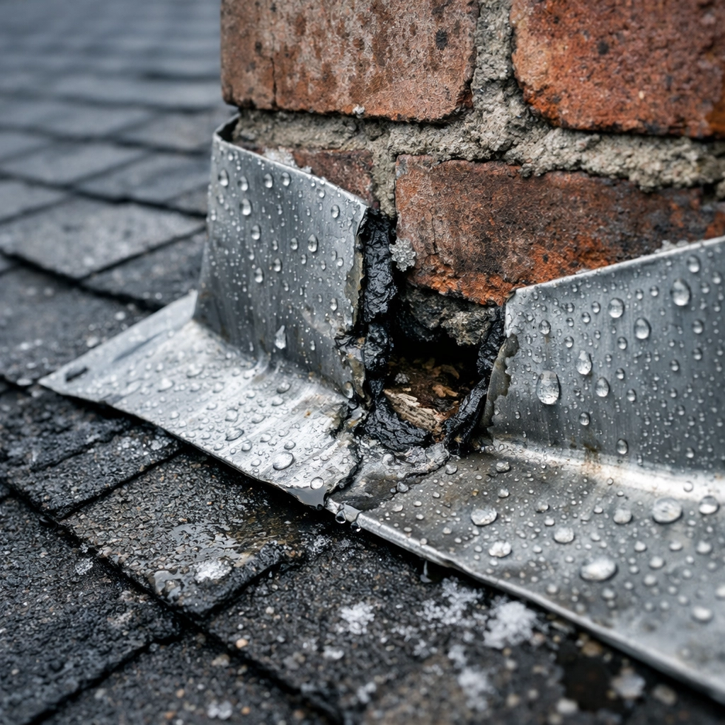 Damaged roof flashing around chimney with water infiltration and deteriorated sealant