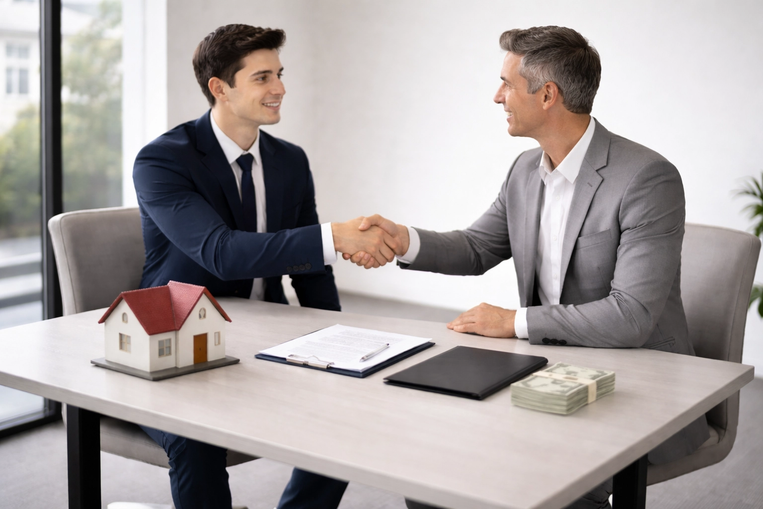 Real estate investor and private lender shaking hands over documents, symbolizing trust in hard money lending for investment property deals.