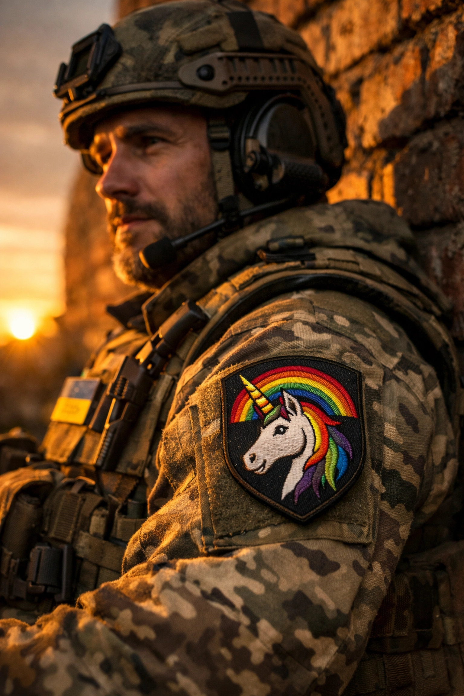 Ukrainian soldier with a rainbow unicorn patch representing LGBTQ+ bravery and visibility on the frontline.