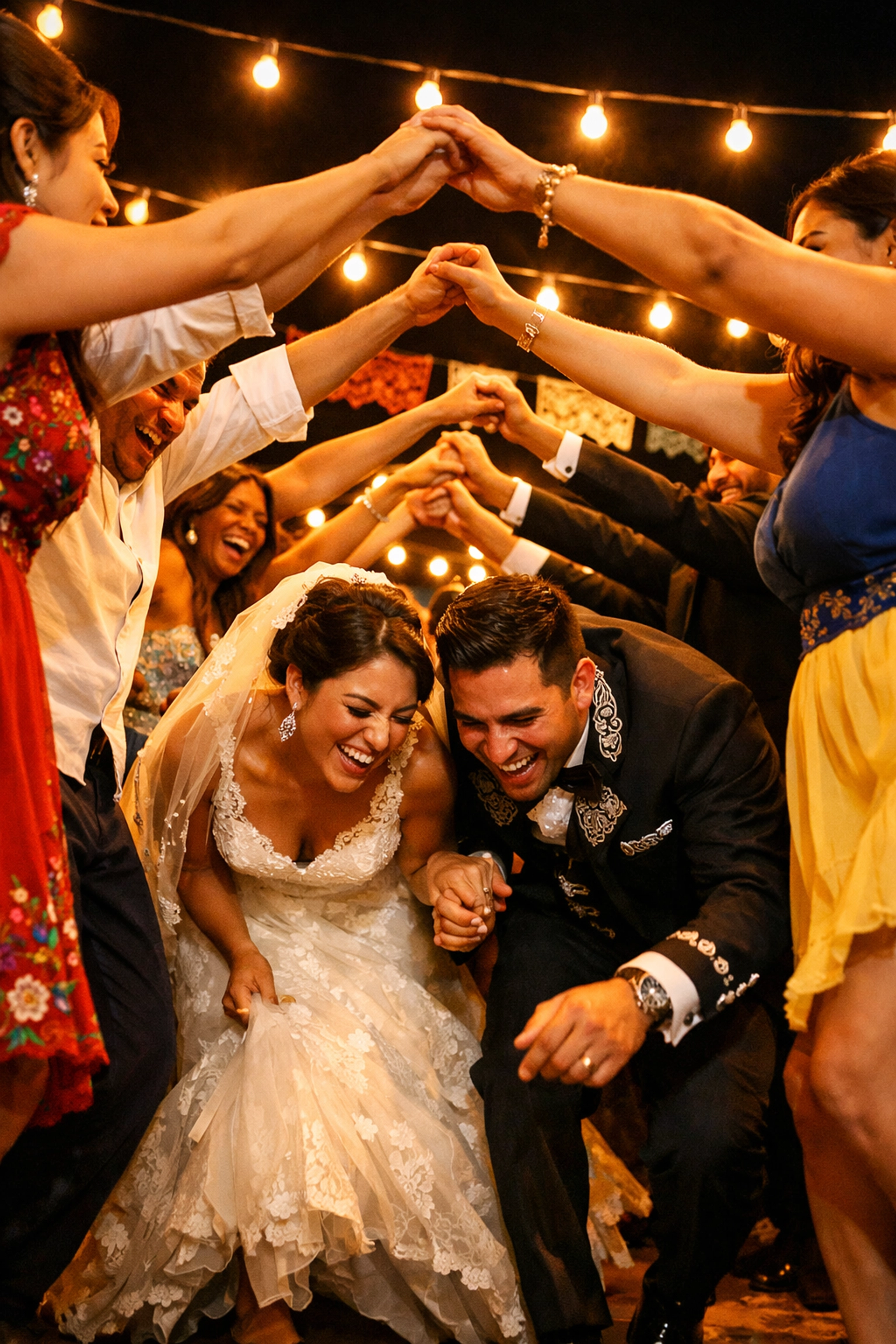 Traditional Mexican wedding celebration with bride, groom, and guests at multicultural event
