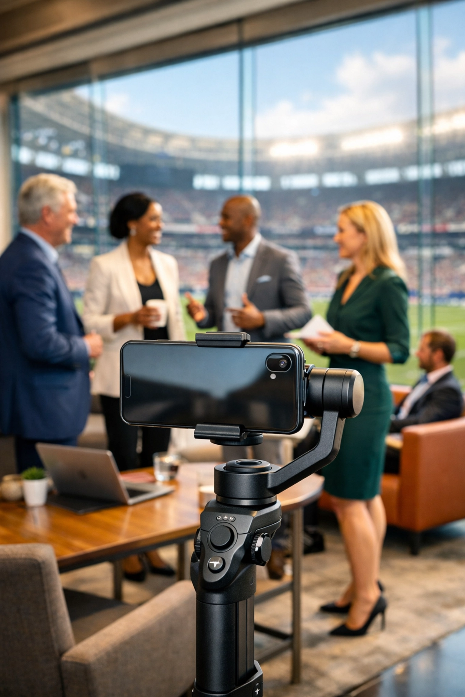 Corporate executives in a luxury stadium suite creating video content for a Super Bowl brand activation.