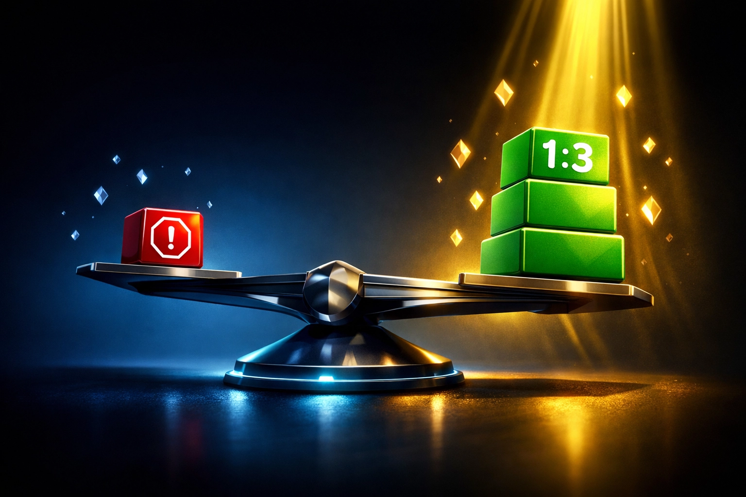 Risk-reward ratio scale showing 1:3 ratio for successful crypto prop firm trading